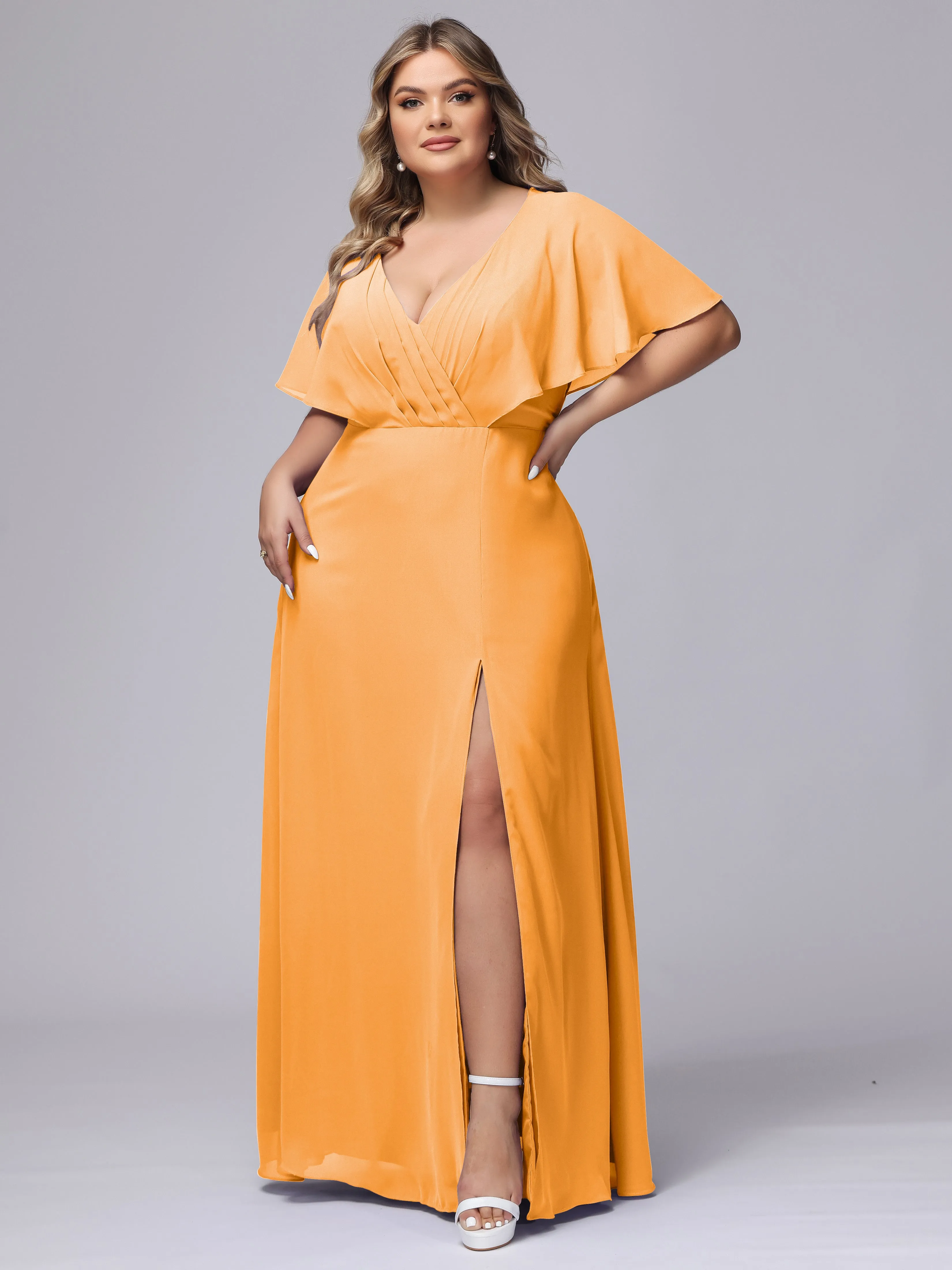 V-Neck Chiffon Short Sleeves Plus Size  Bridesmaid Dresses