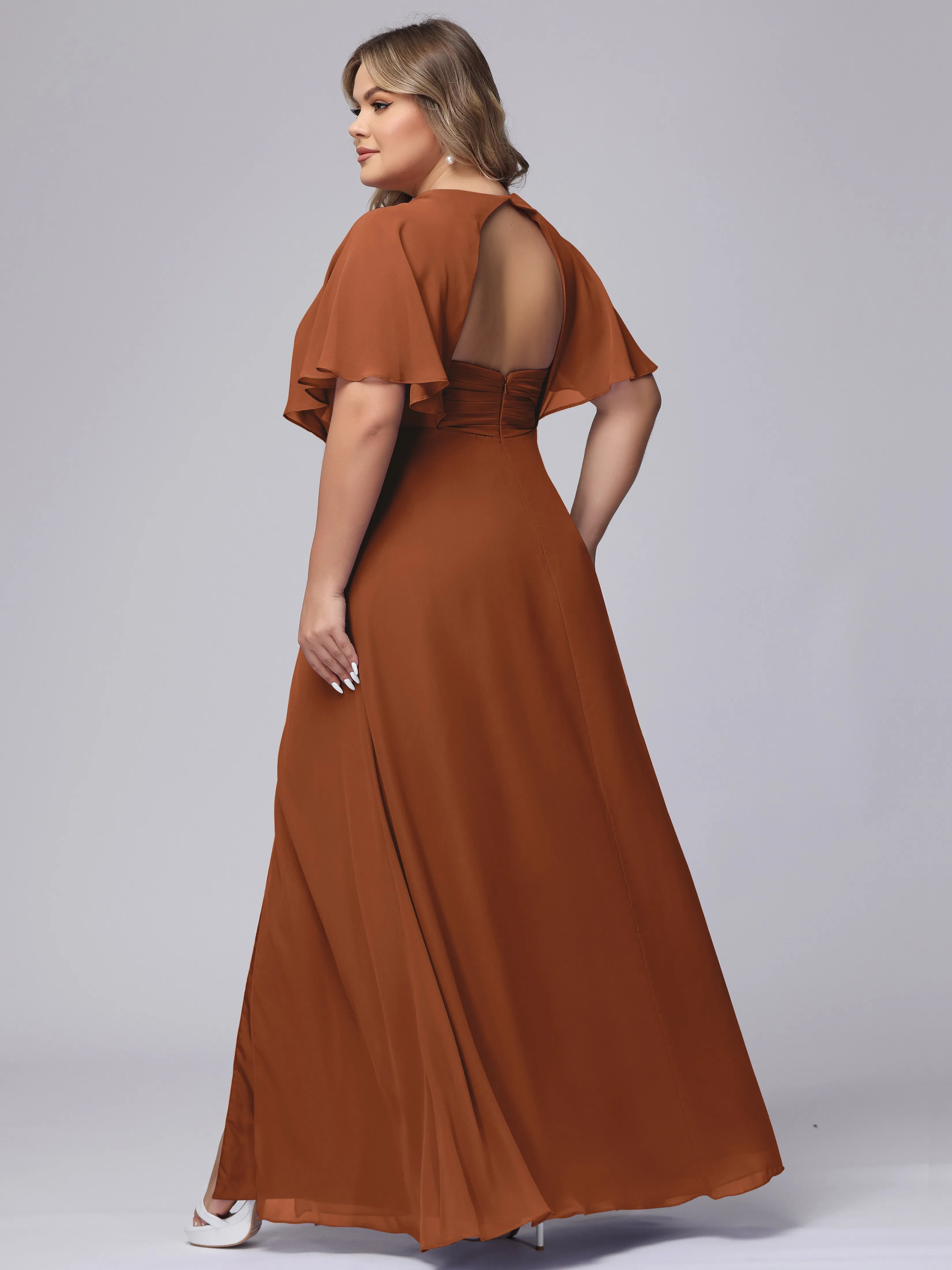 V-Neck Chiffon Short Sleeves Plus Size  Bridesmaid Dresses