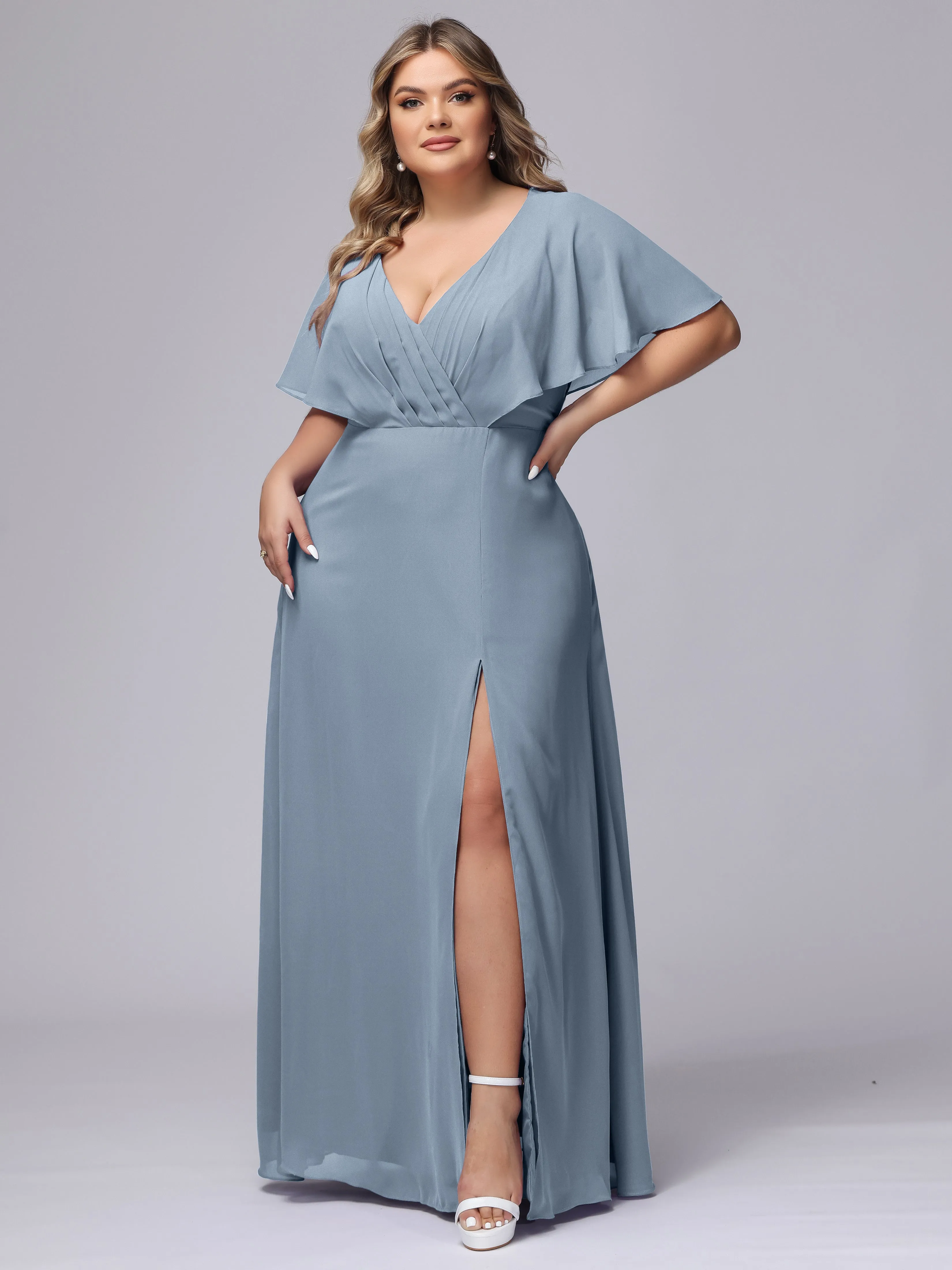 V-Neck Chiffon Short Sleeves Plus Size  Bridesmaid Dresses