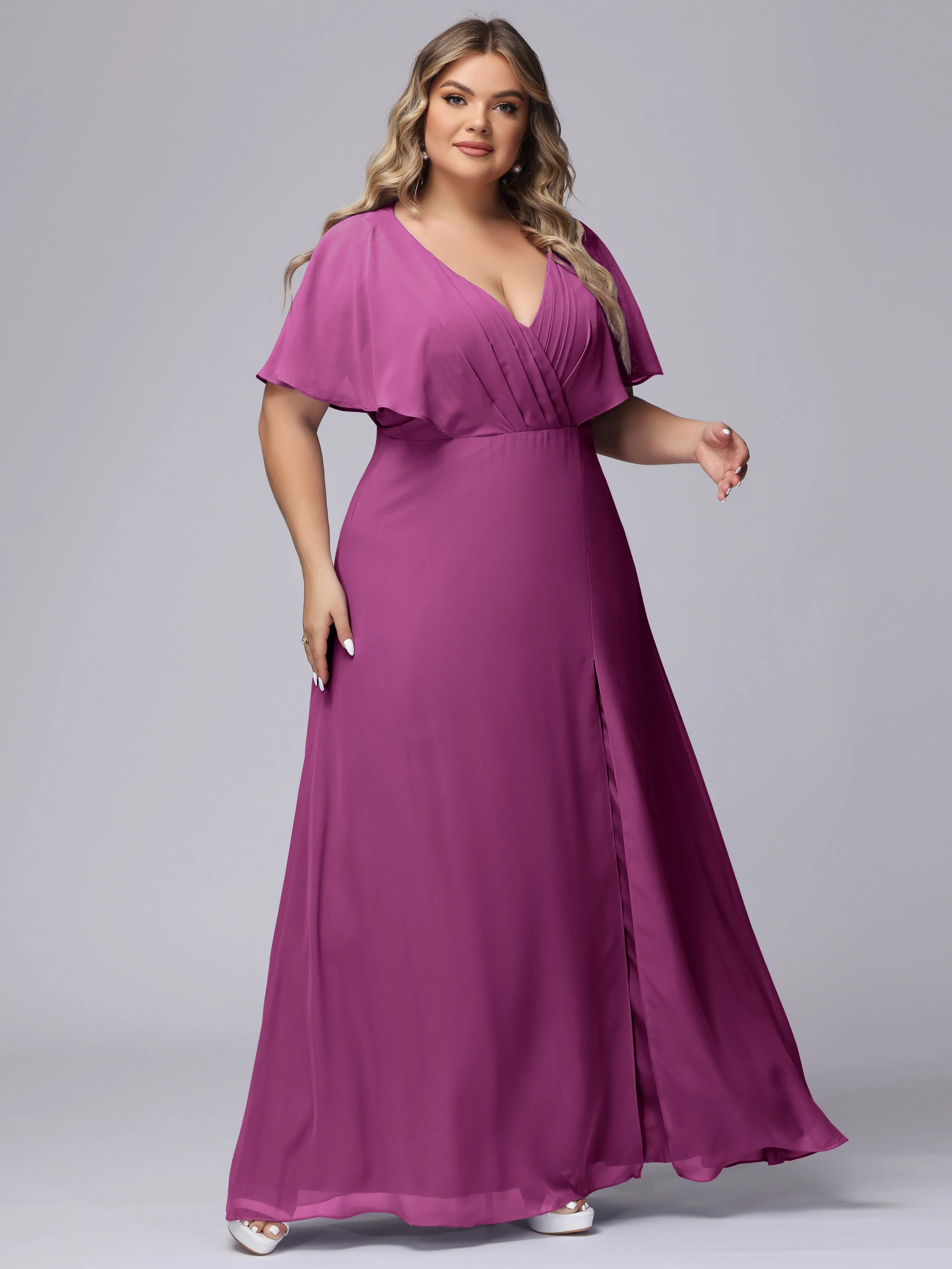 V-Neck Chiffon Short Sleeves Plus Size  Bridesmaid Dresses