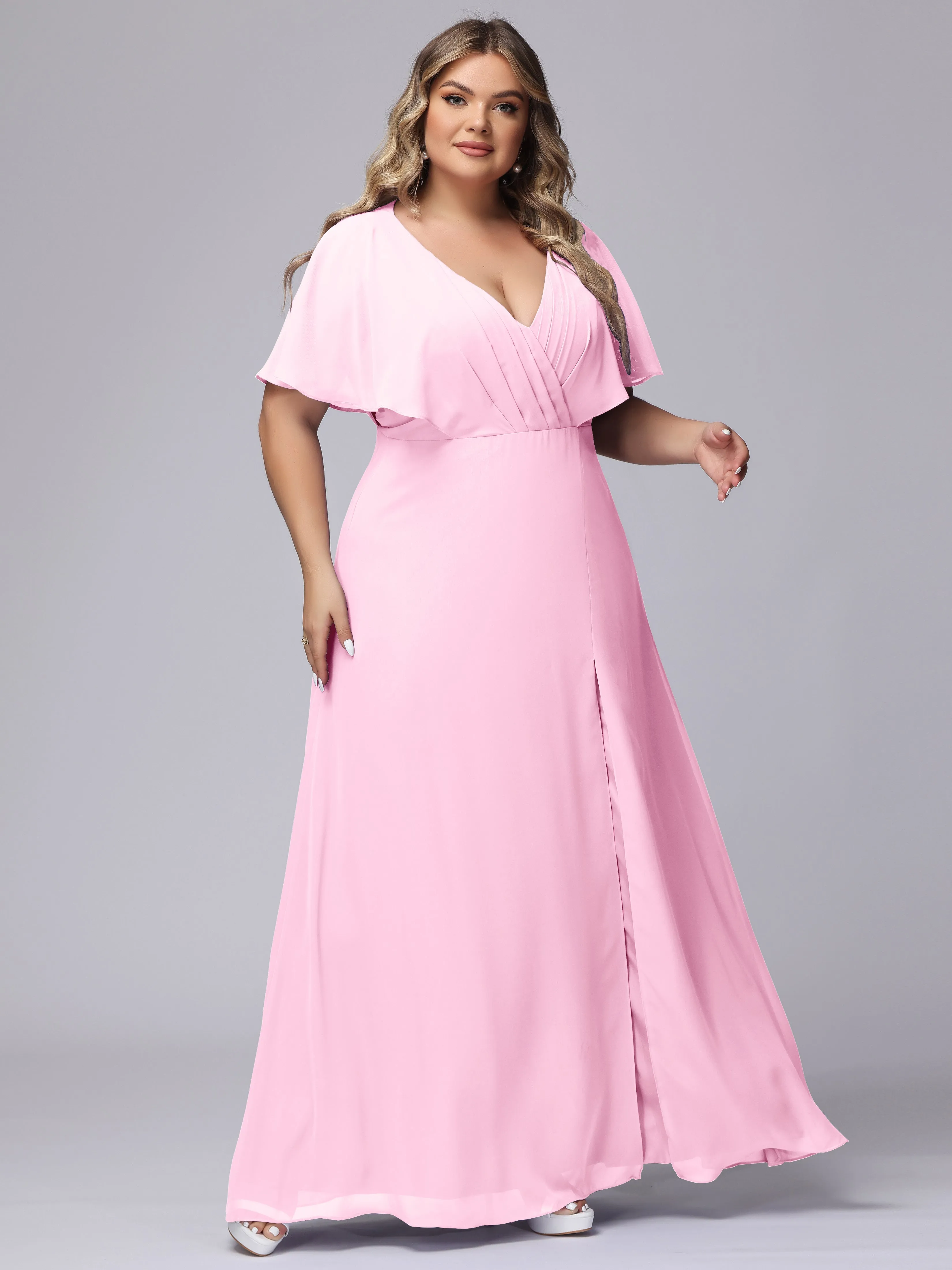 V-Neck Chiffon Short Sleeves Plus Size  Bridesmaid Dresses