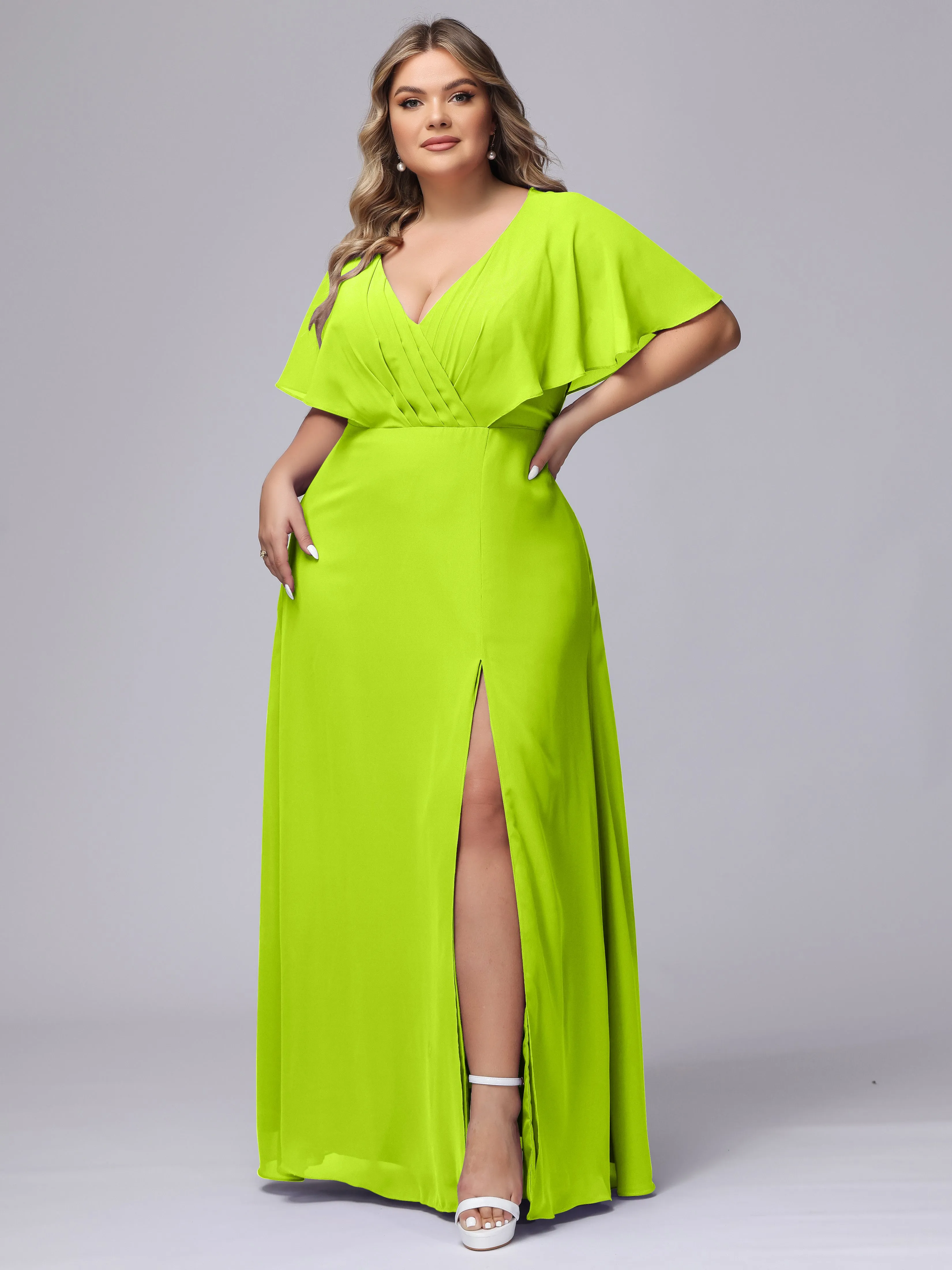 V-Neck Chiffon Short Sleeves Plus Size  Bridesmaid Dresses
