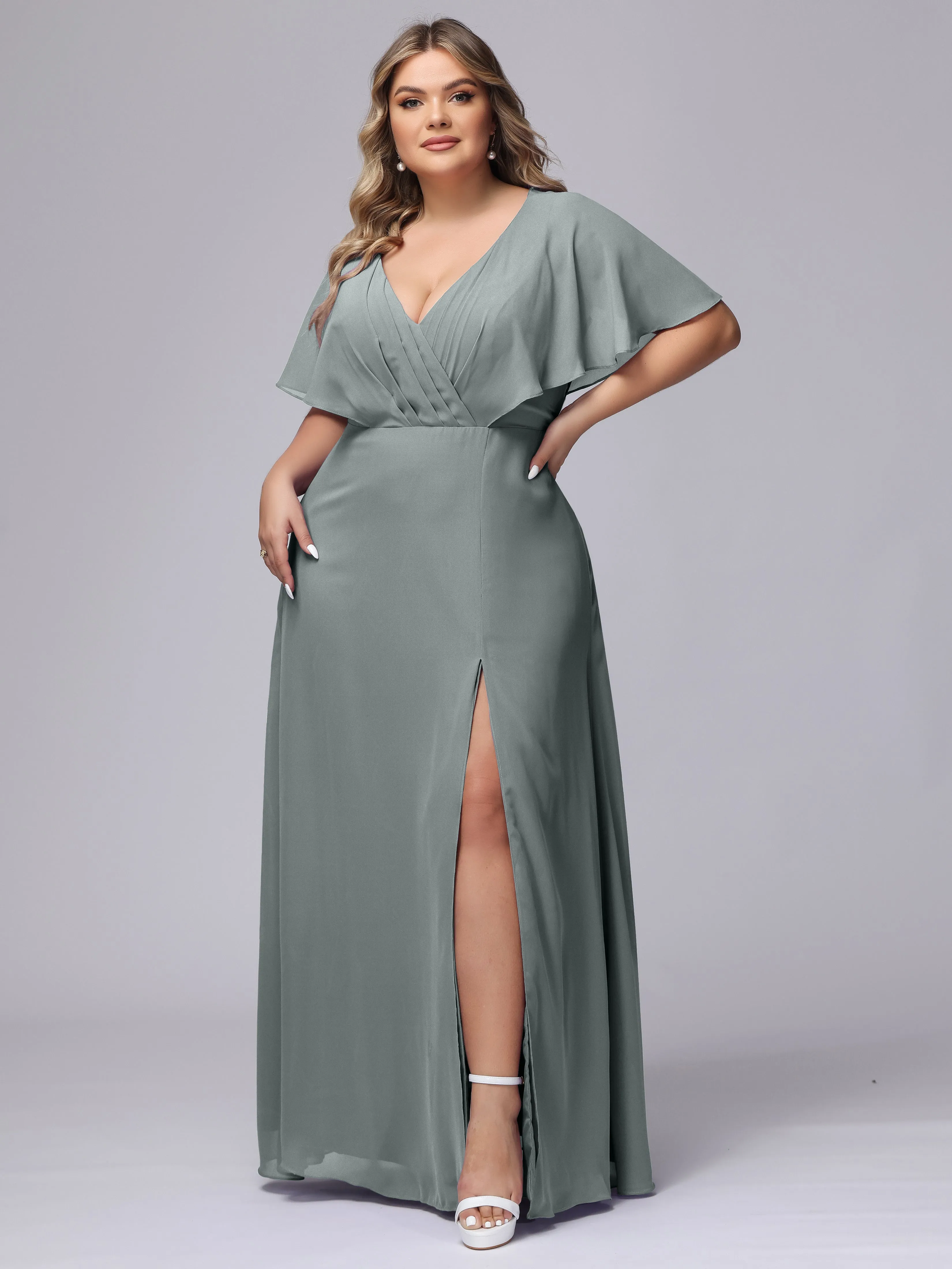 V-Neck Chiffon Short Sleeves Plus Size  Bridesmaid Dresses