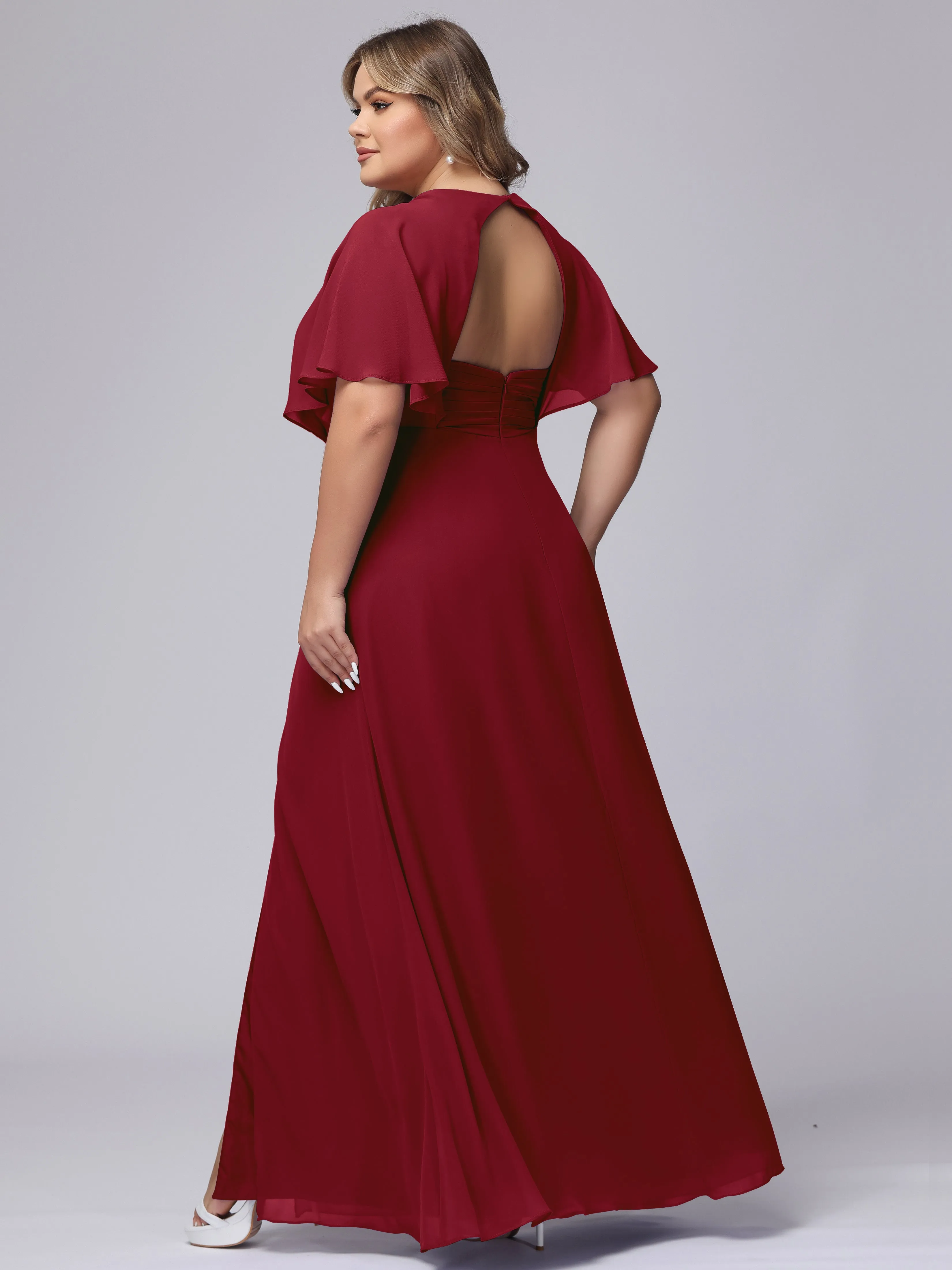 V-Neck Chiffon Short Sleeves Plus Size  Bridesmaid Dresses