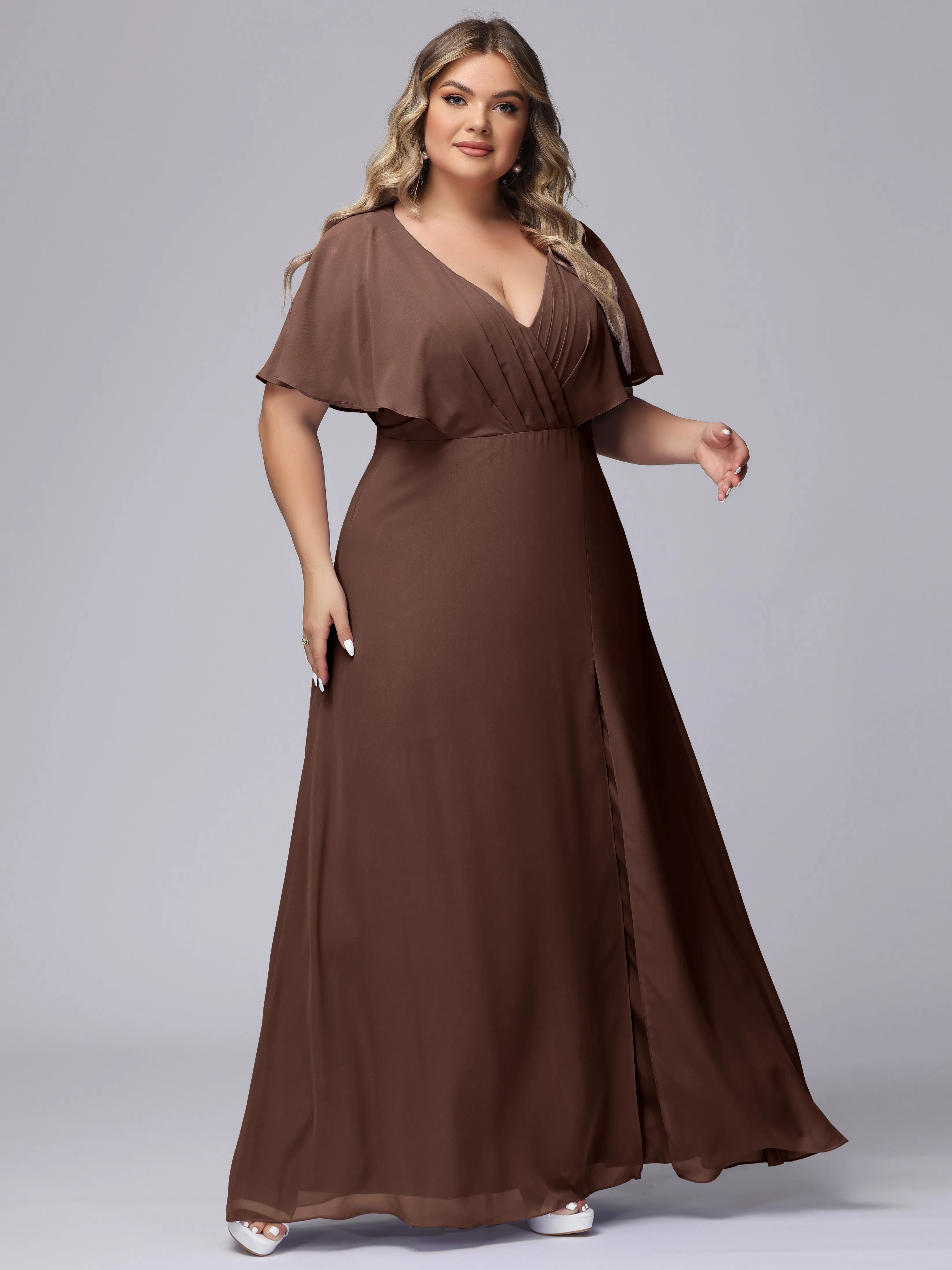 V-Neck Chiffon Short Sleeves Plus Size  Bridesmaid Dresses