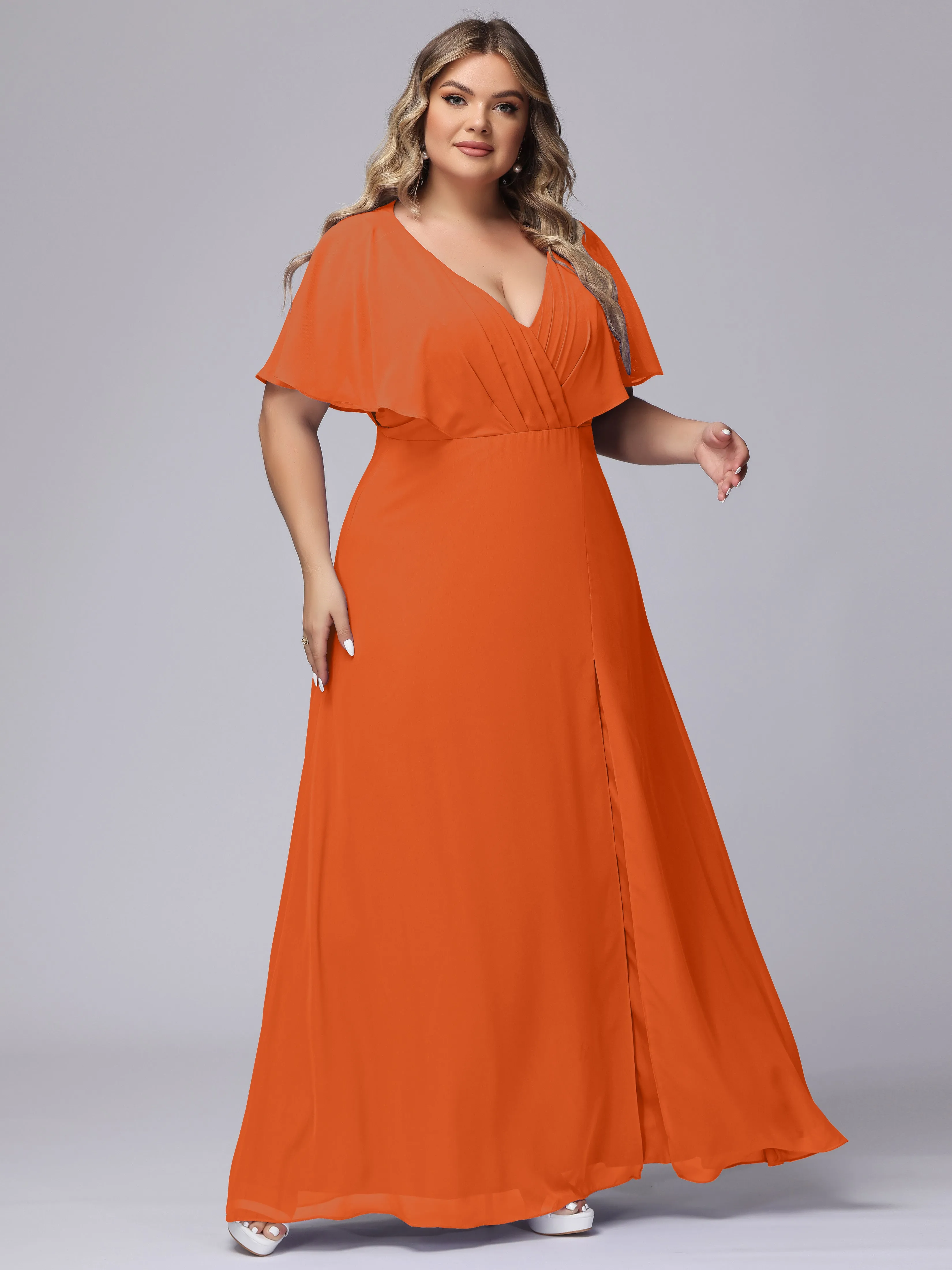 V-Neck Chiffon Short Sleeves Plus Size  Bridesmaid Dresses