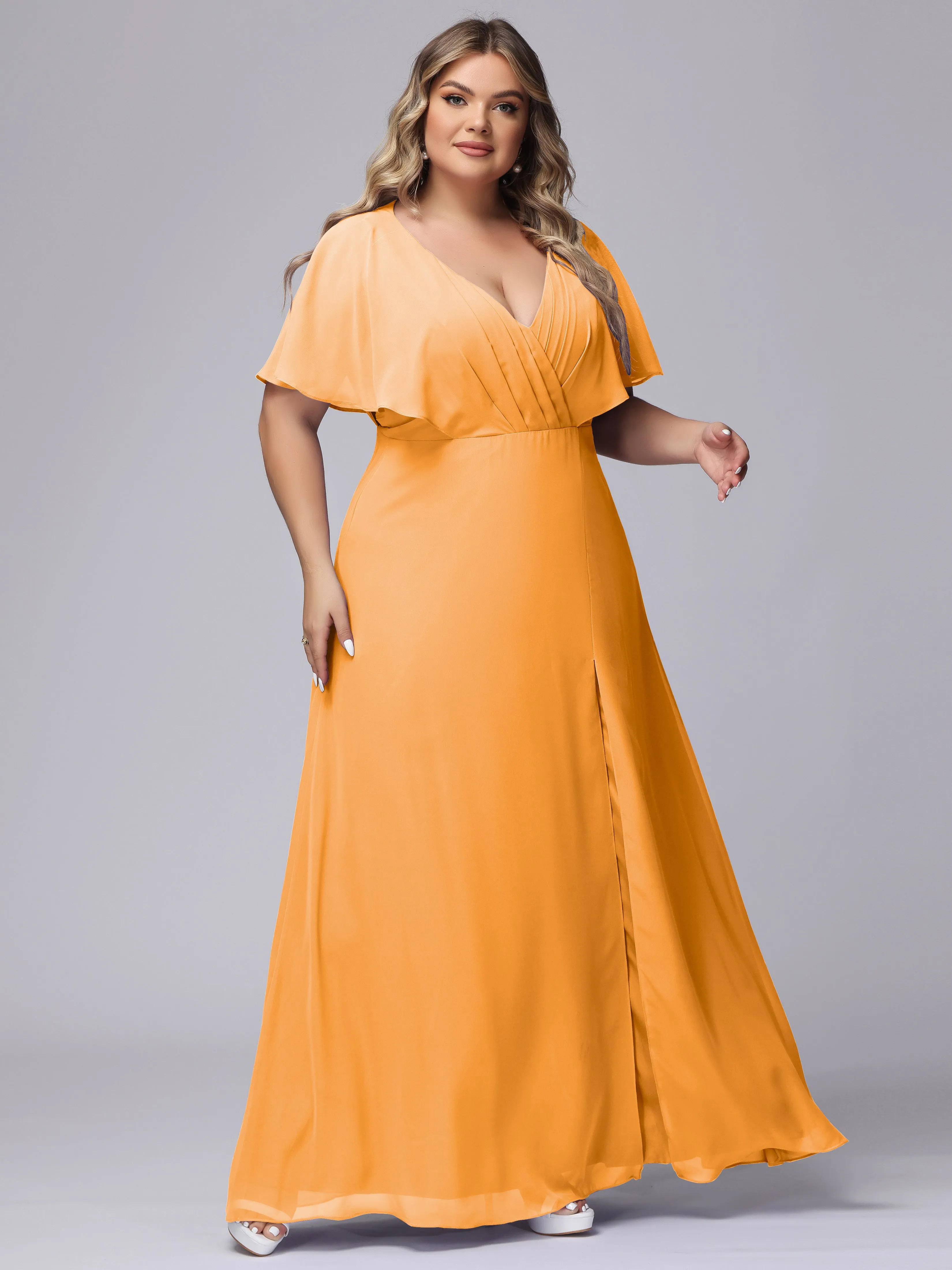 V-Neck Chiffon Short Sleeves Plus Size  Bridesmaid Dresses