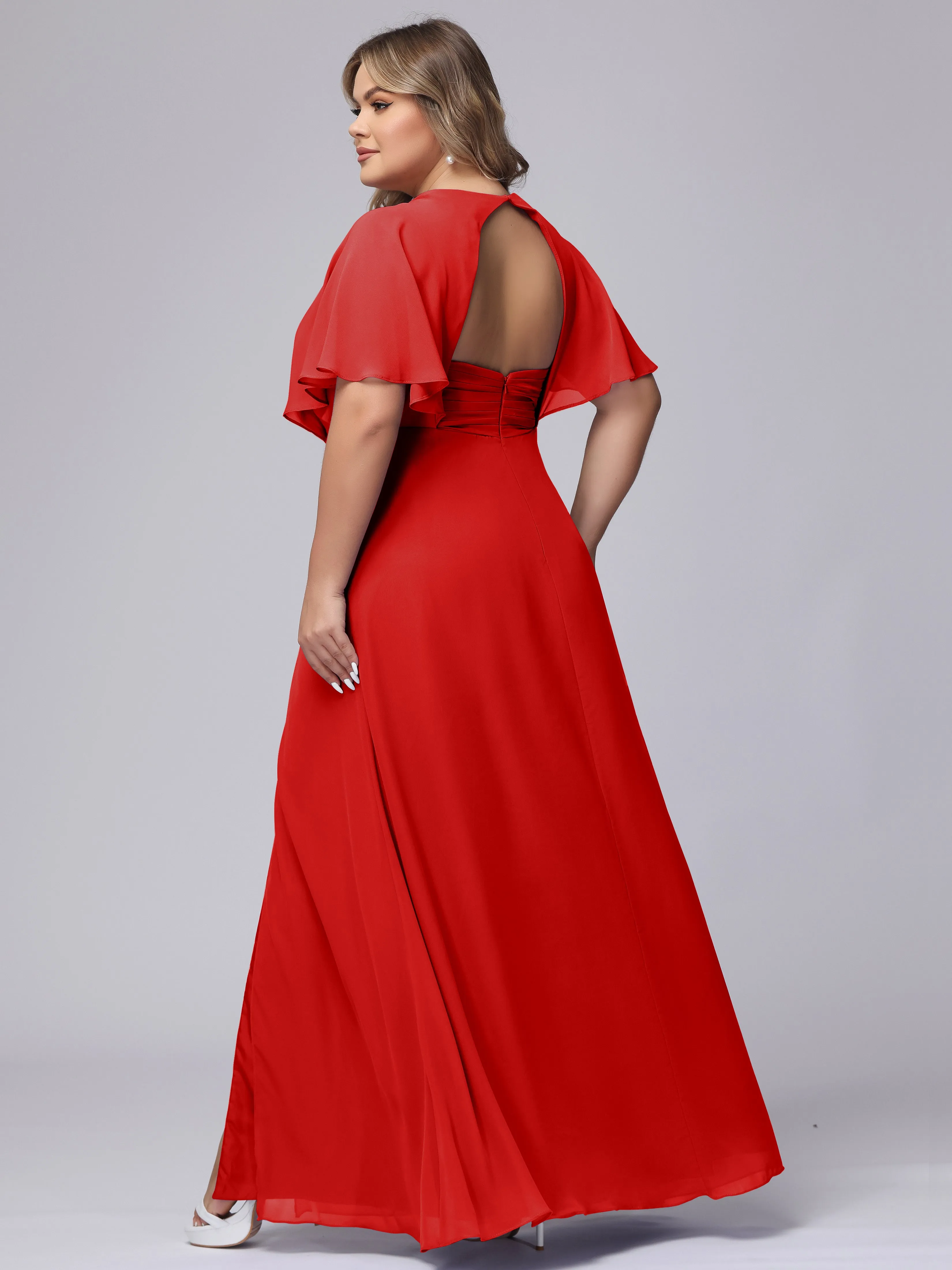 V-Neck Chiffon Short Sleeves Plus Size  Bridesmaid Dresses