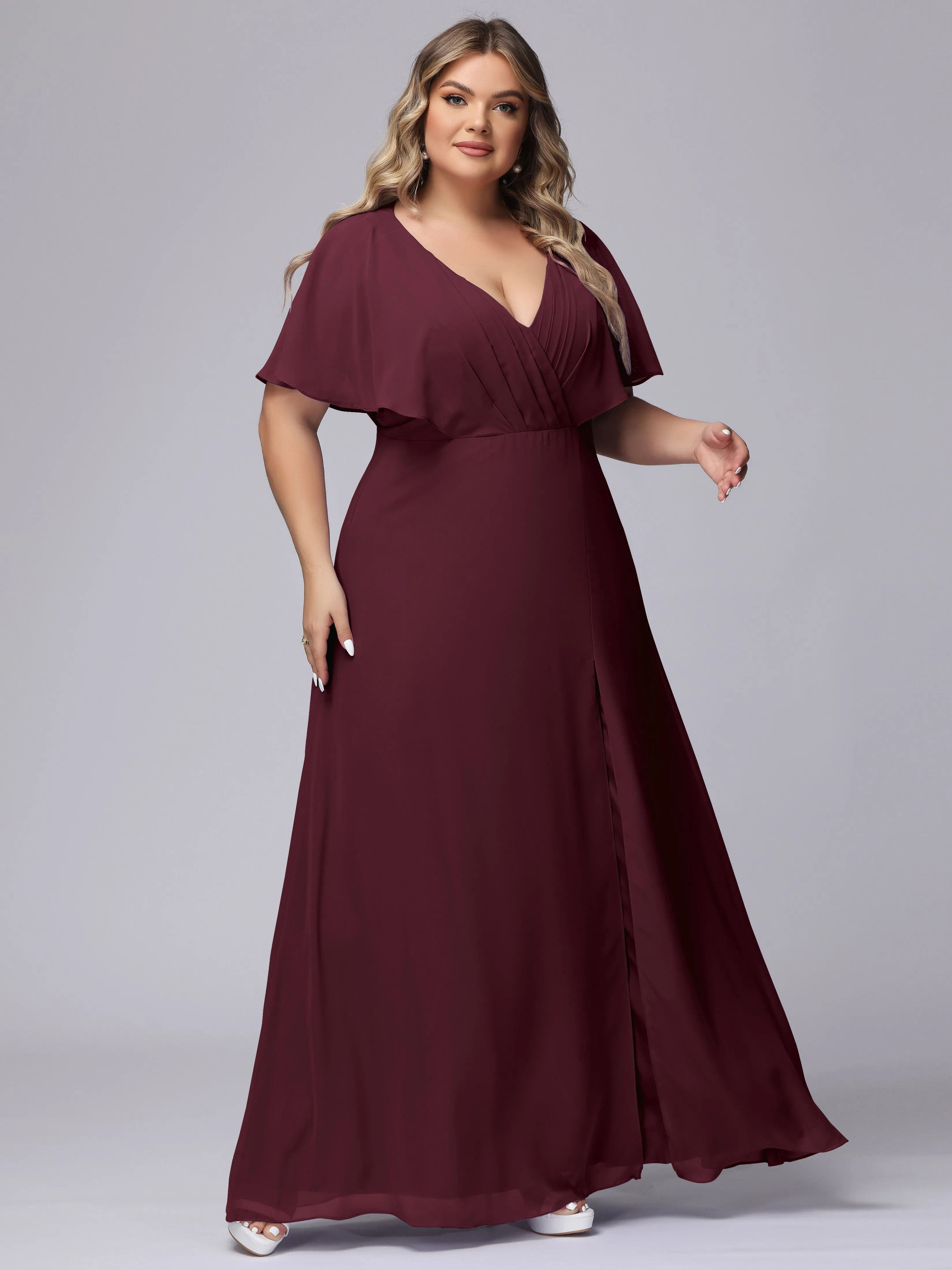 V-Neck Chiffon Short Sleeves Plus Size  Bridesmaid Dresses