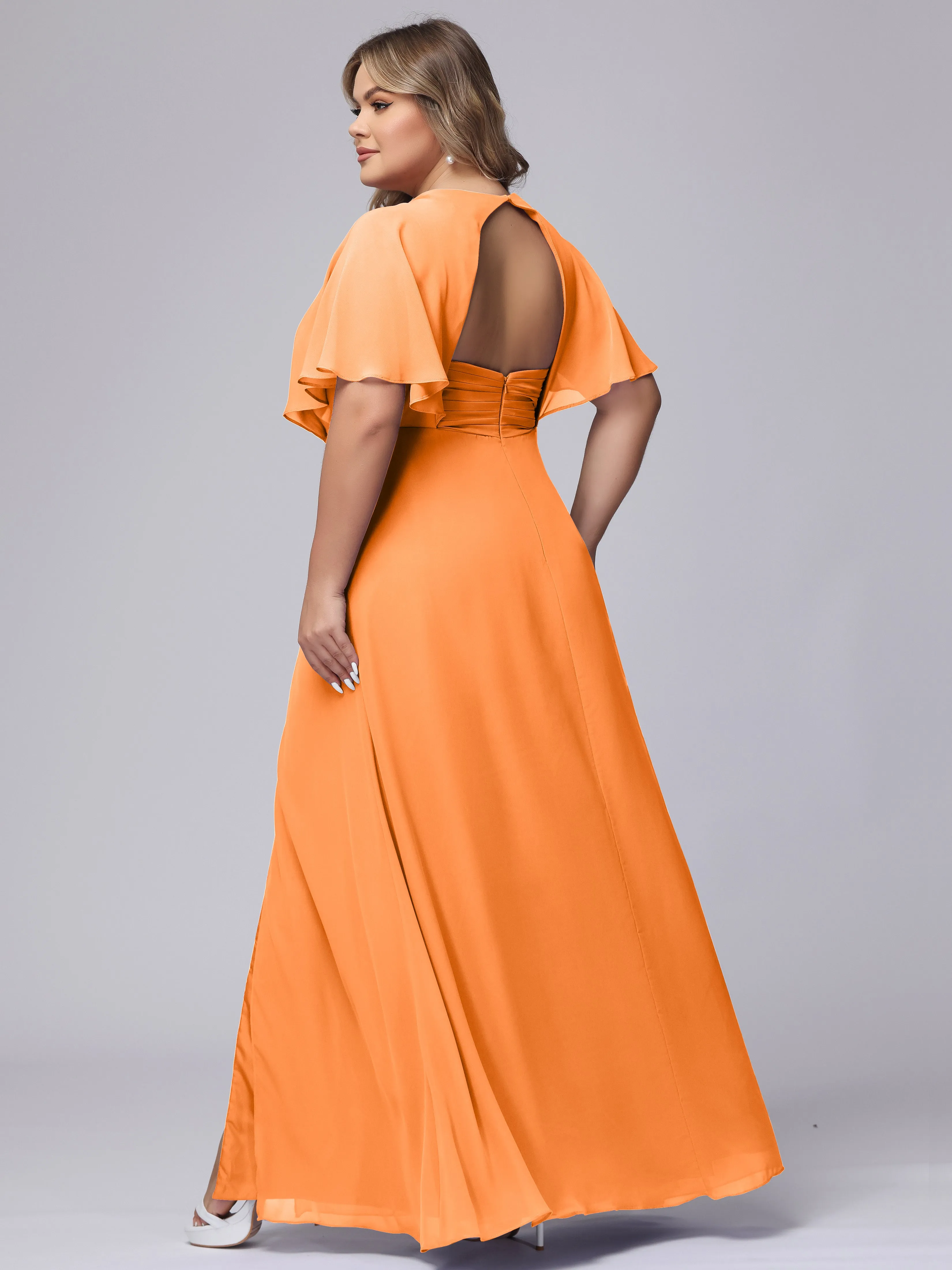 V-Neck Chiffon Short Sleeves Plus Size  Bridesmaid Dresses
