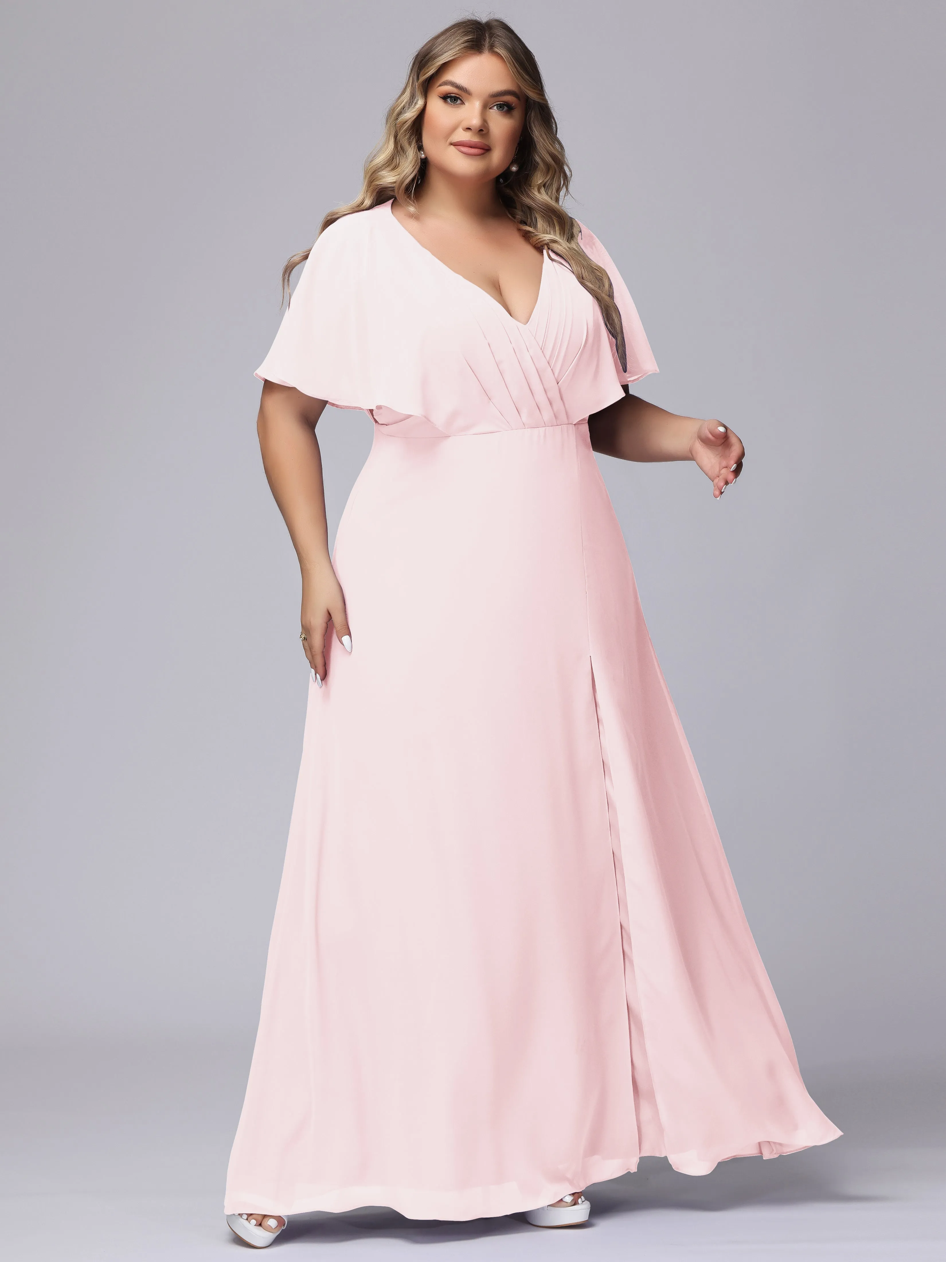 V-Neck Chiffon Short Sleeves Plus Size  Bridesmaid Dresses