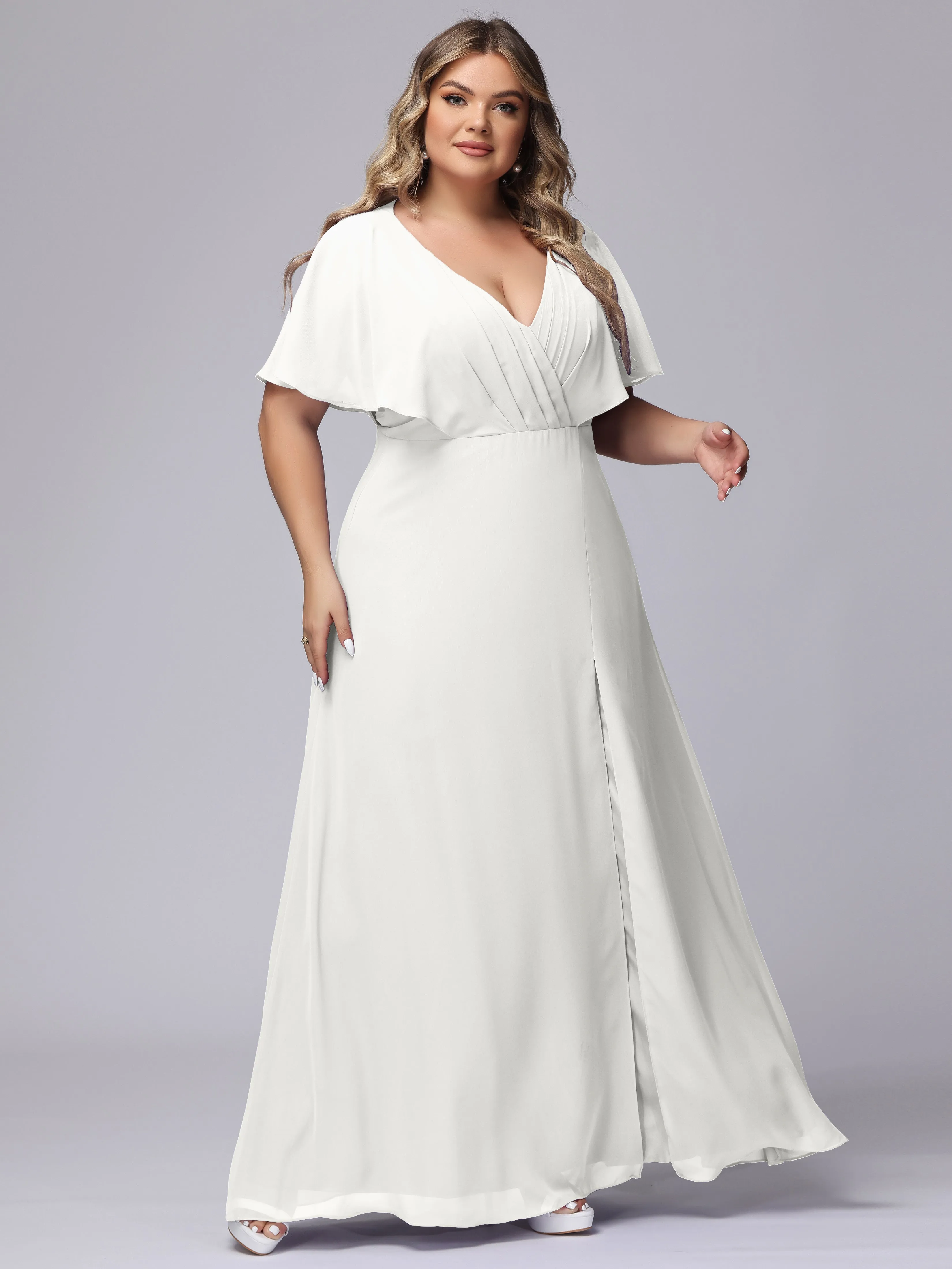 V-Neck Chiffon Short Sleeves Plus Size  Bridesmaid Dresses