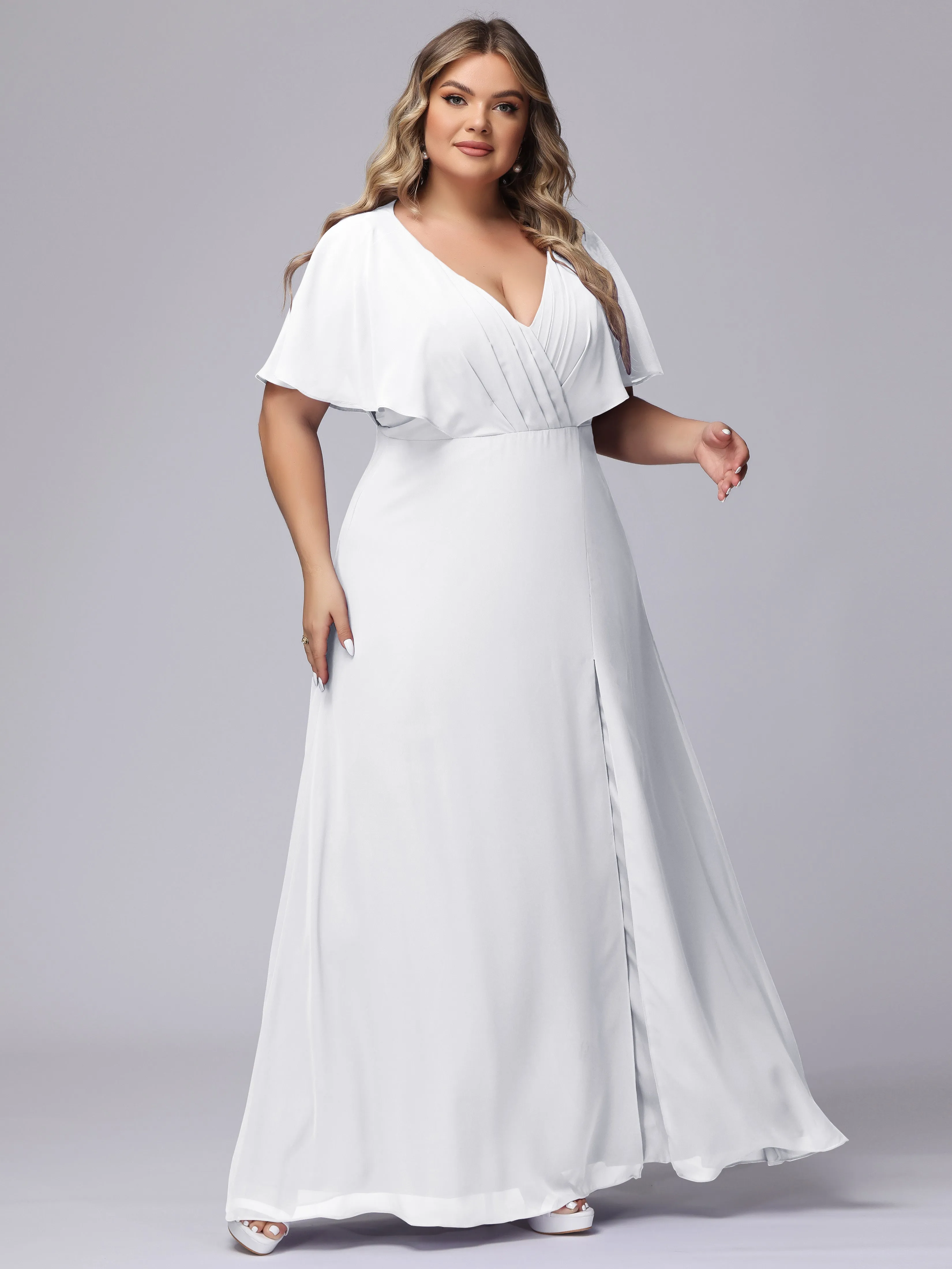 V-Neck Chiffon Short Sleeves Plus Size  Bridesmaid Dresses