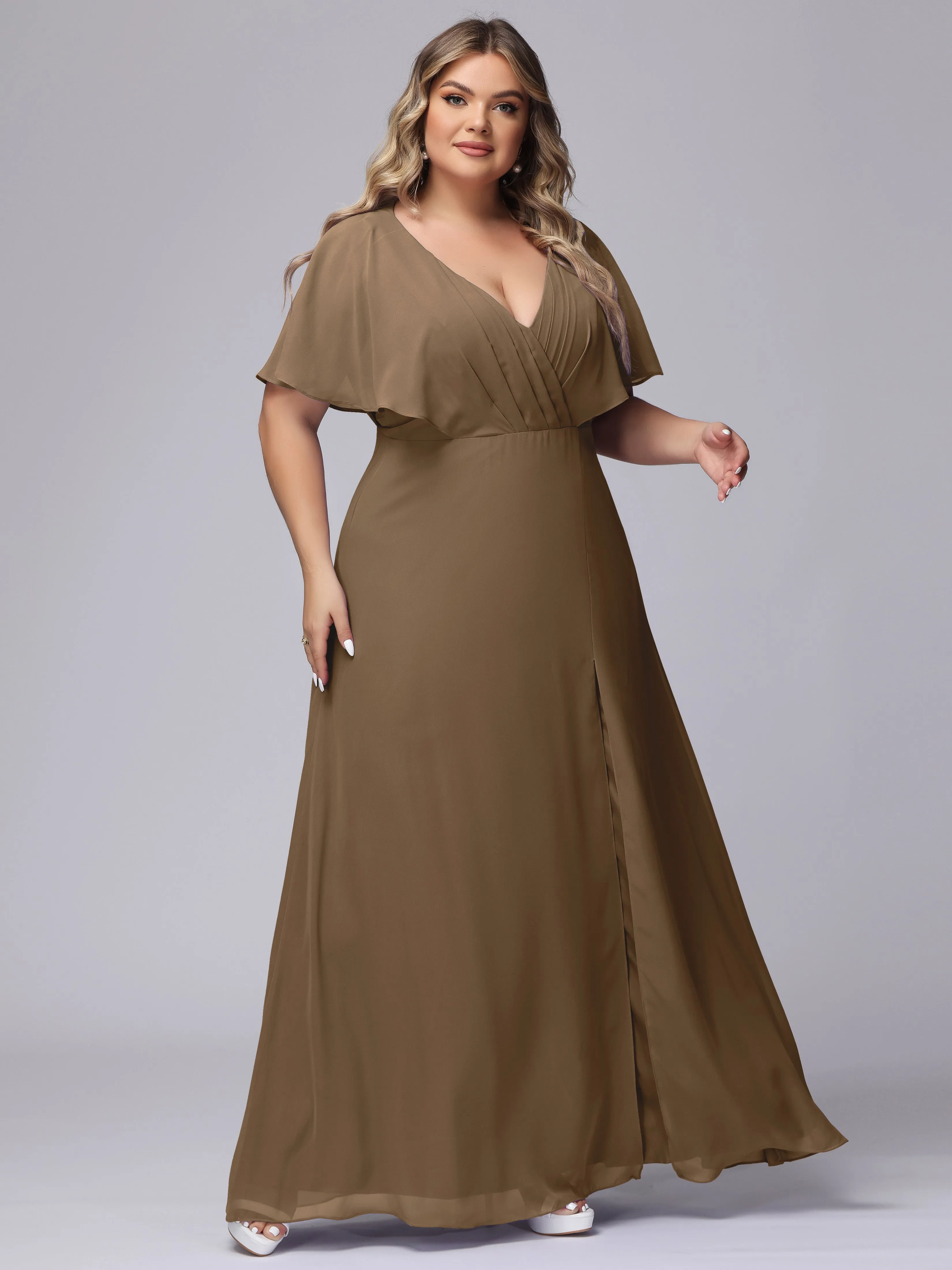V-Neck Chiffon Short Sleeves Plus Size  Bridesmaid Dresses