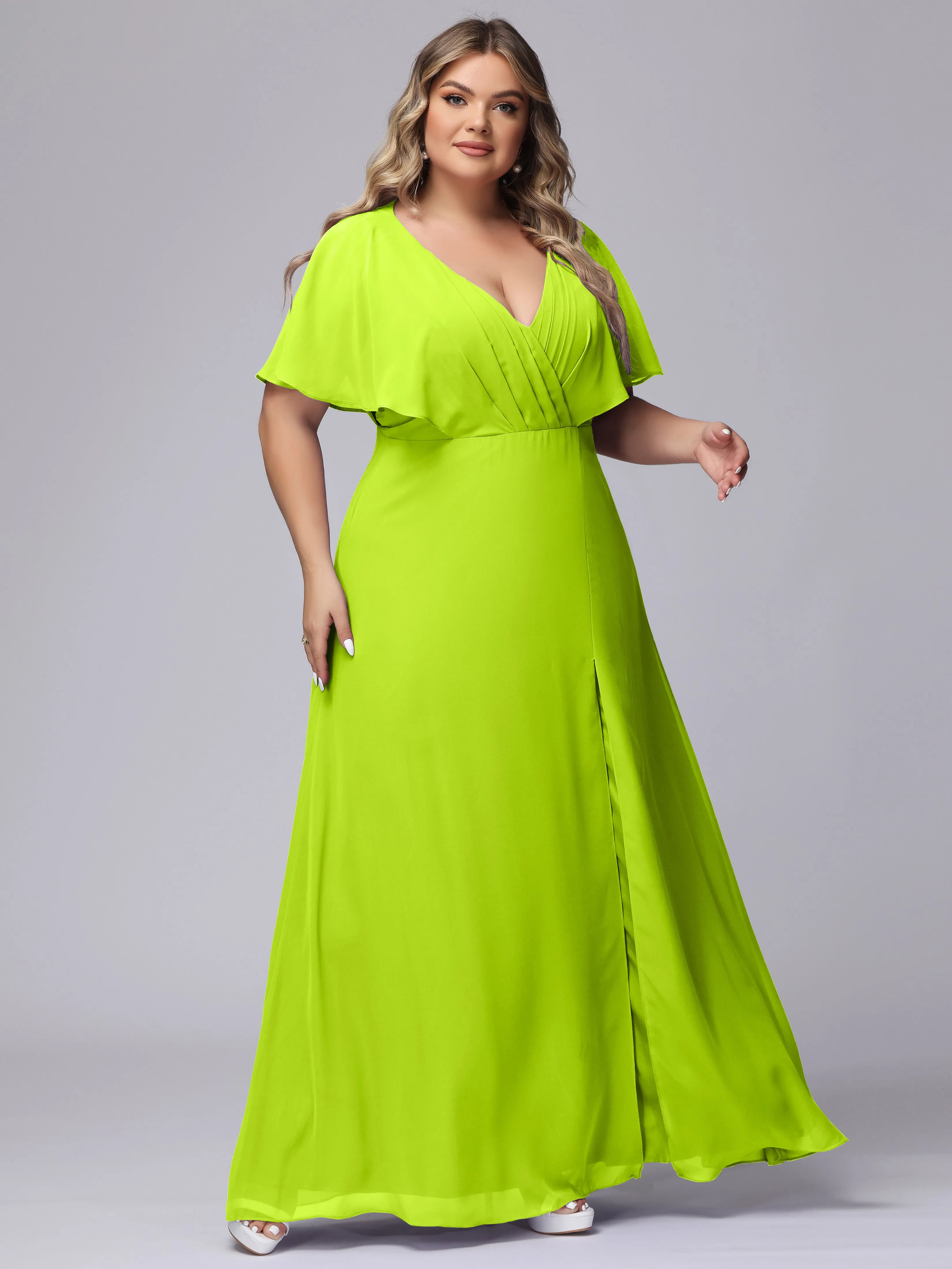 V-Neck Chiffon Short Sleeves Plus Size  Bridesmaid Dresses