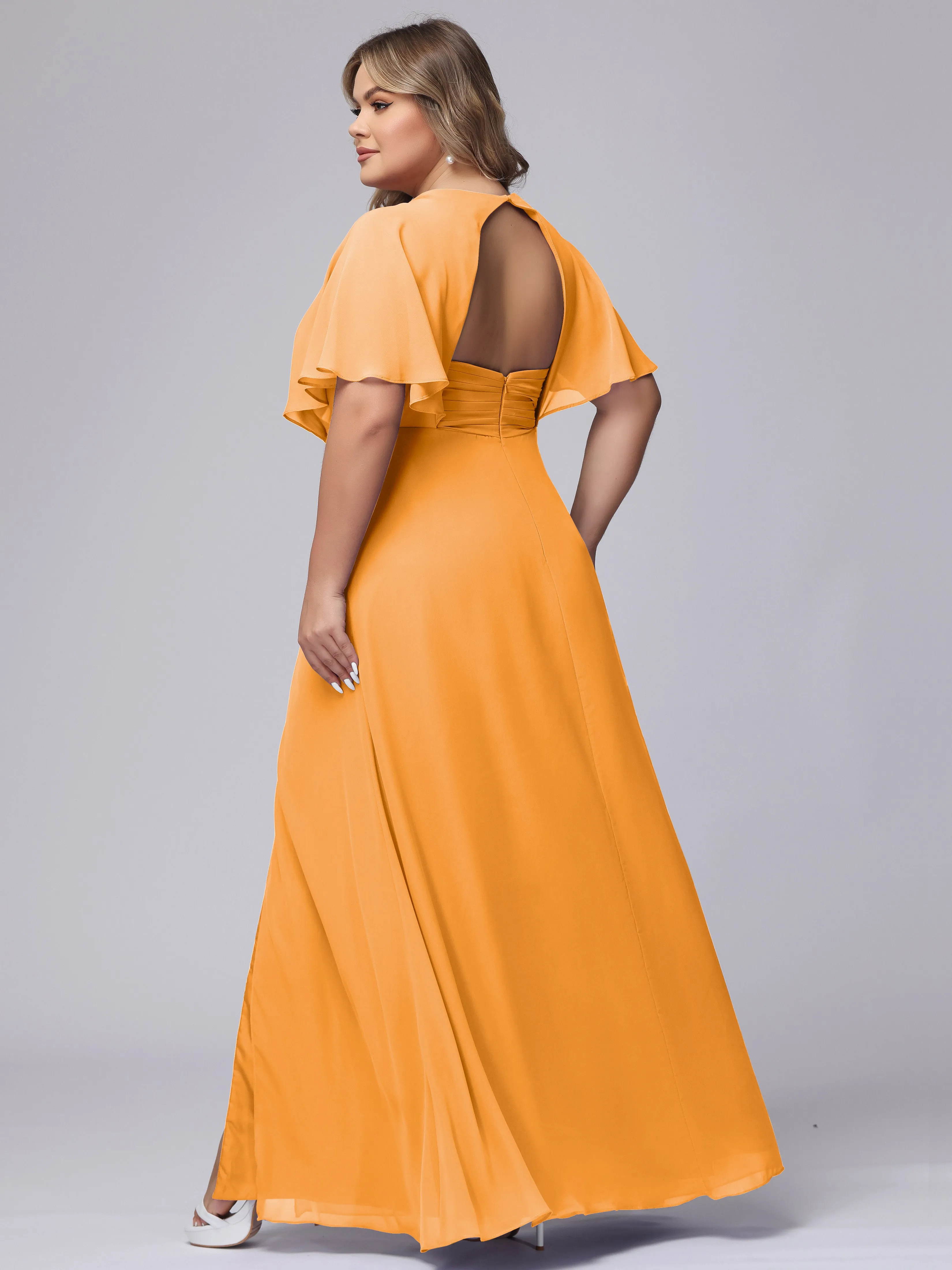 V-Neck Chiffon Short Sleeves Plus Size  Bridesmaid Dresses