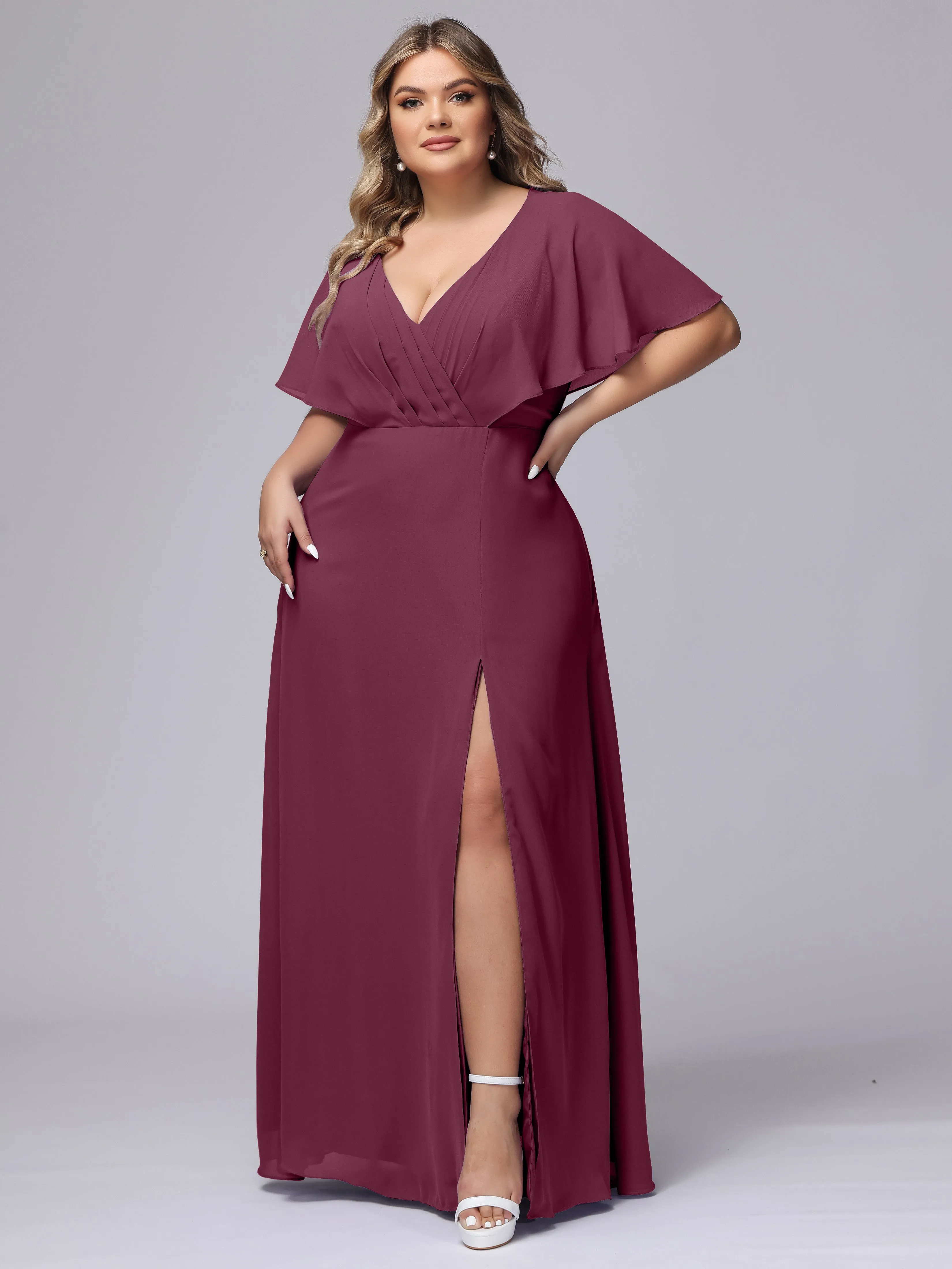 V-Neck Chiffon Short Sleeves Plus Size  Bridesmaid Dresses