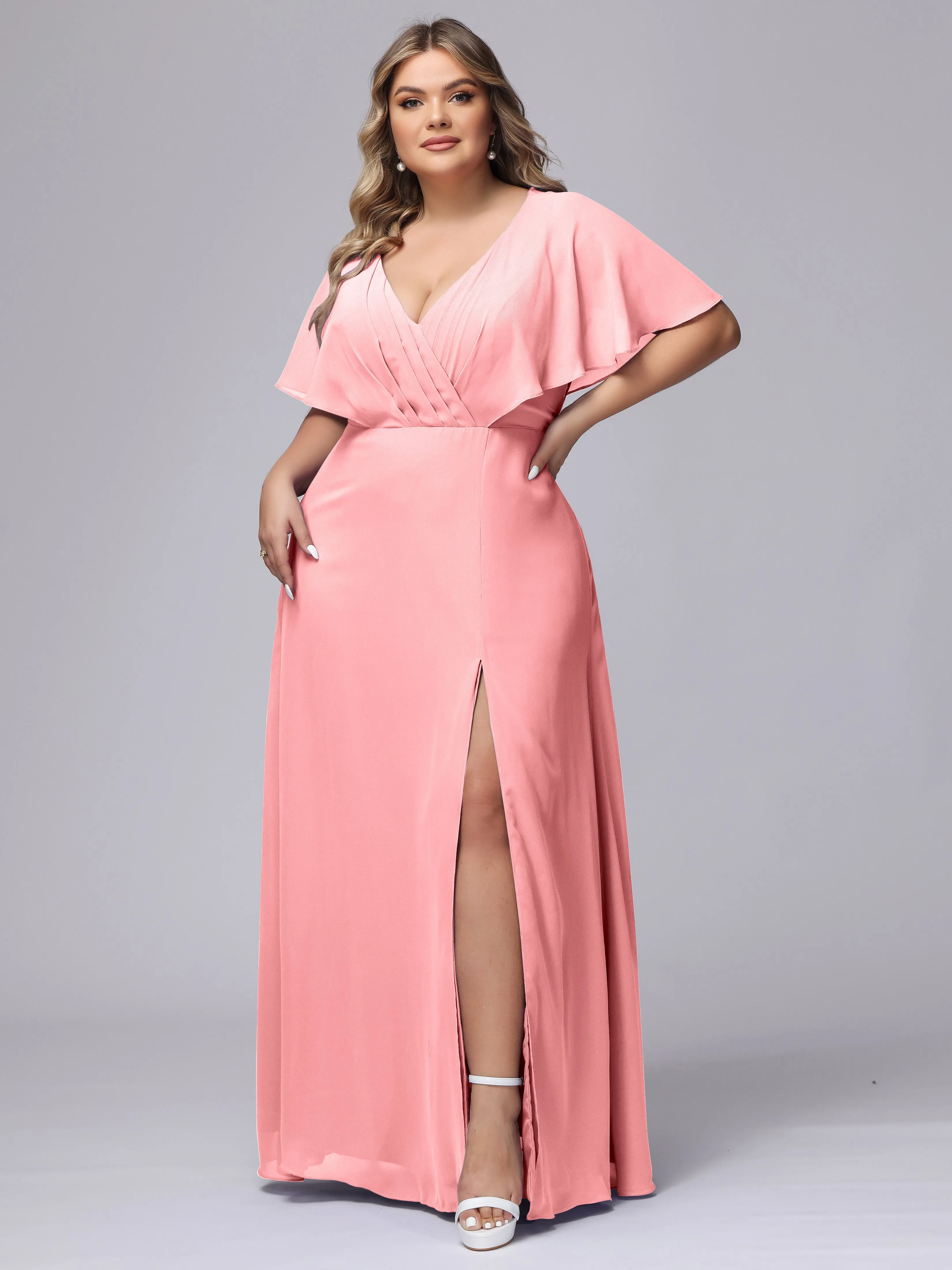 V-Neck Chiffon Short Sleeves Plus Size  Bridesmaid Dresses