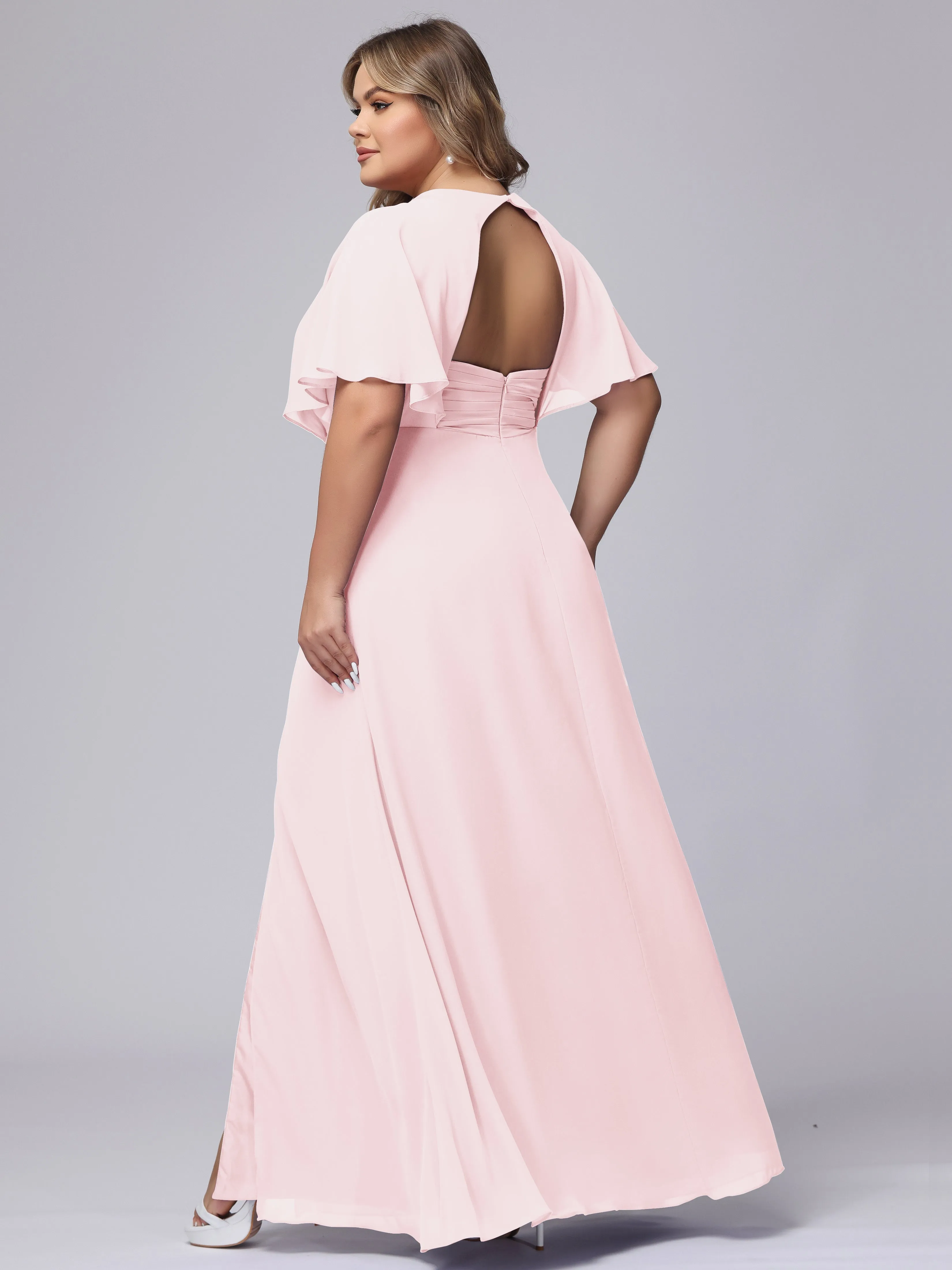 V-Neck Chiffon Short Sleeves Plus Size  Bridesmaid Dresses
