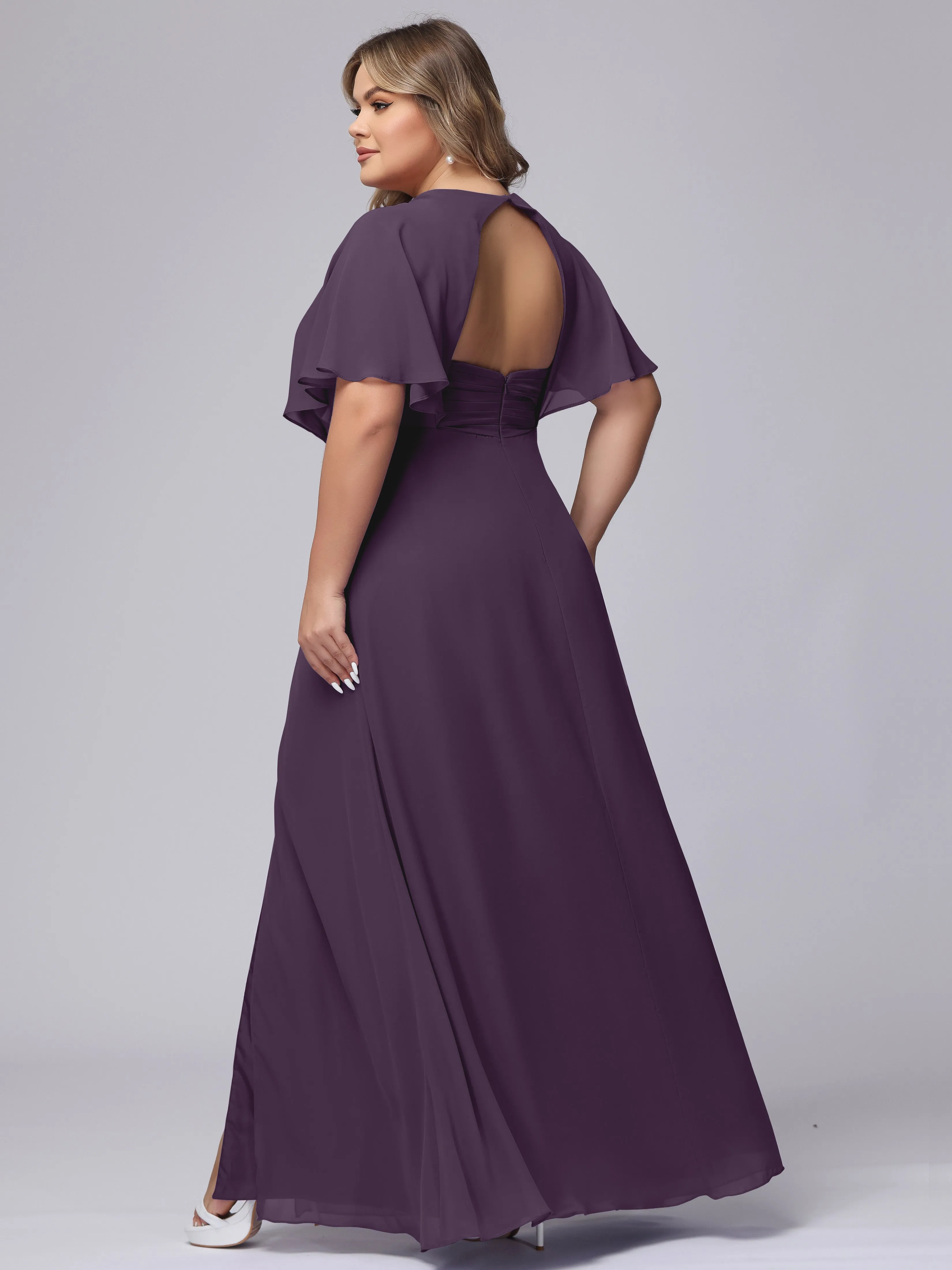 V-Neck Chiffon Short Sleeves Plus Size  Bridesmaid Dresses
