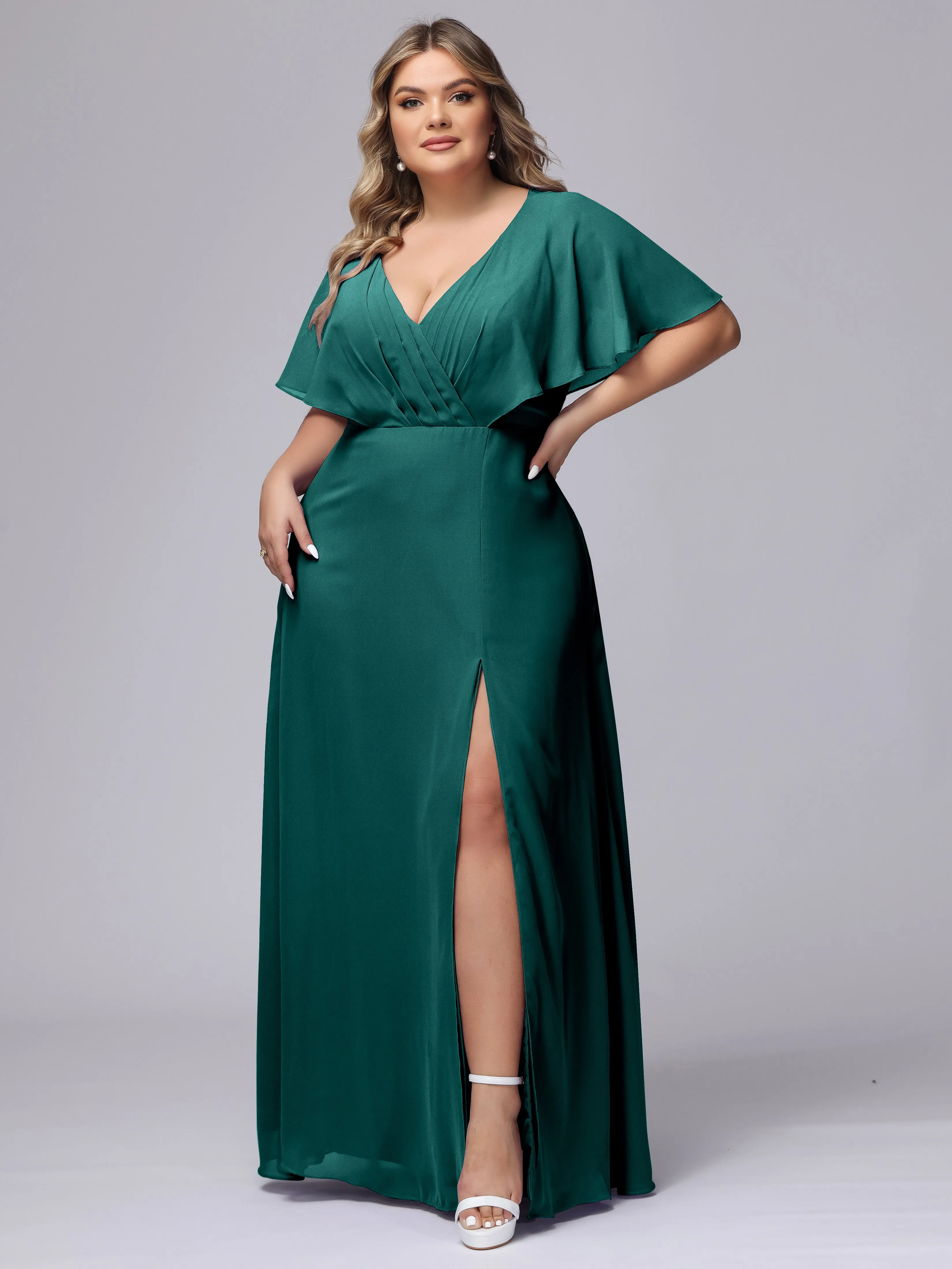 V-Neck Chiffon Short Sleeves Plus Size  Bridesmaid Dresses