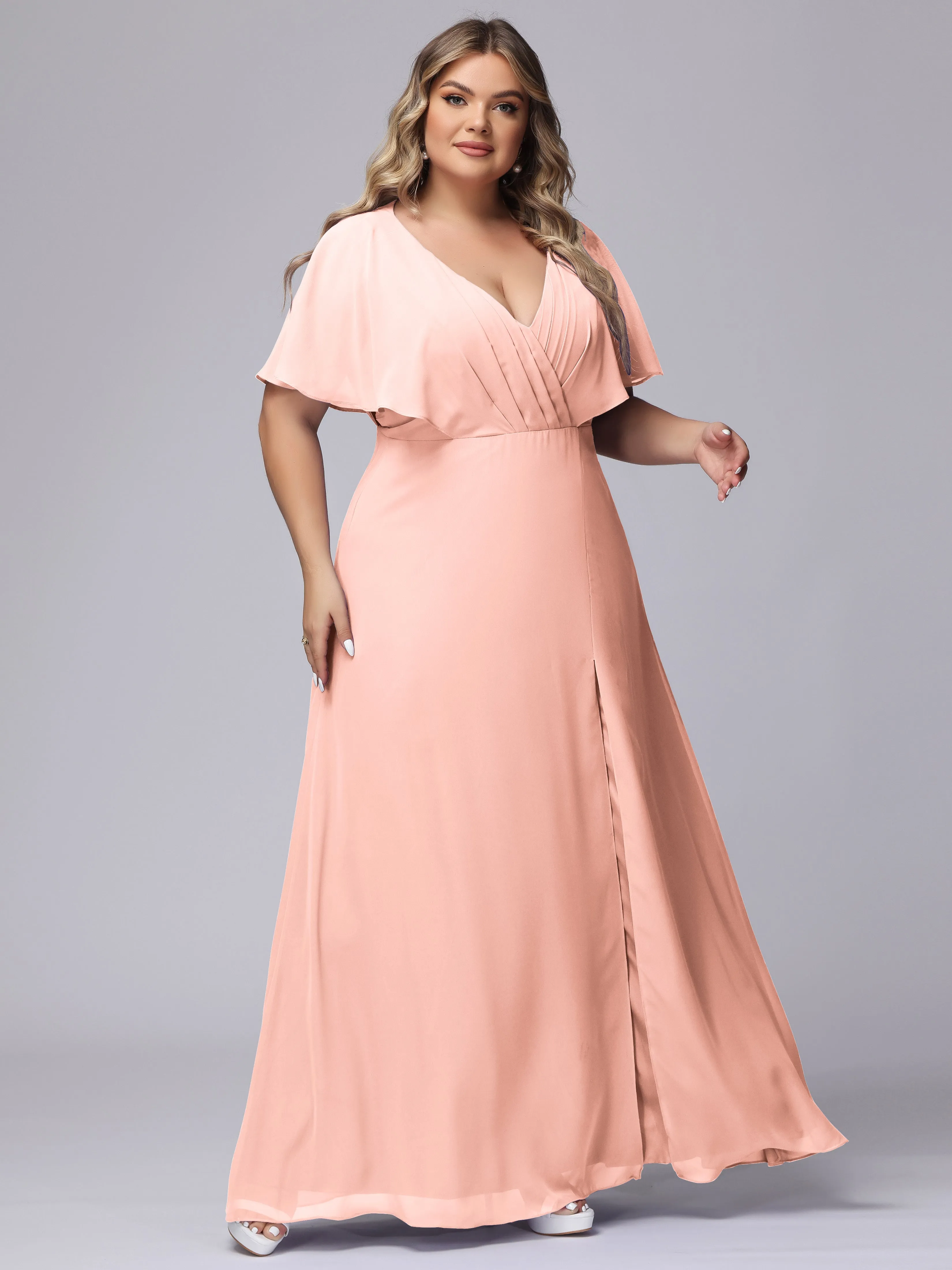 V-Neck Chiffon Short Sleeves Plus Size  Bridesmaid Dresses