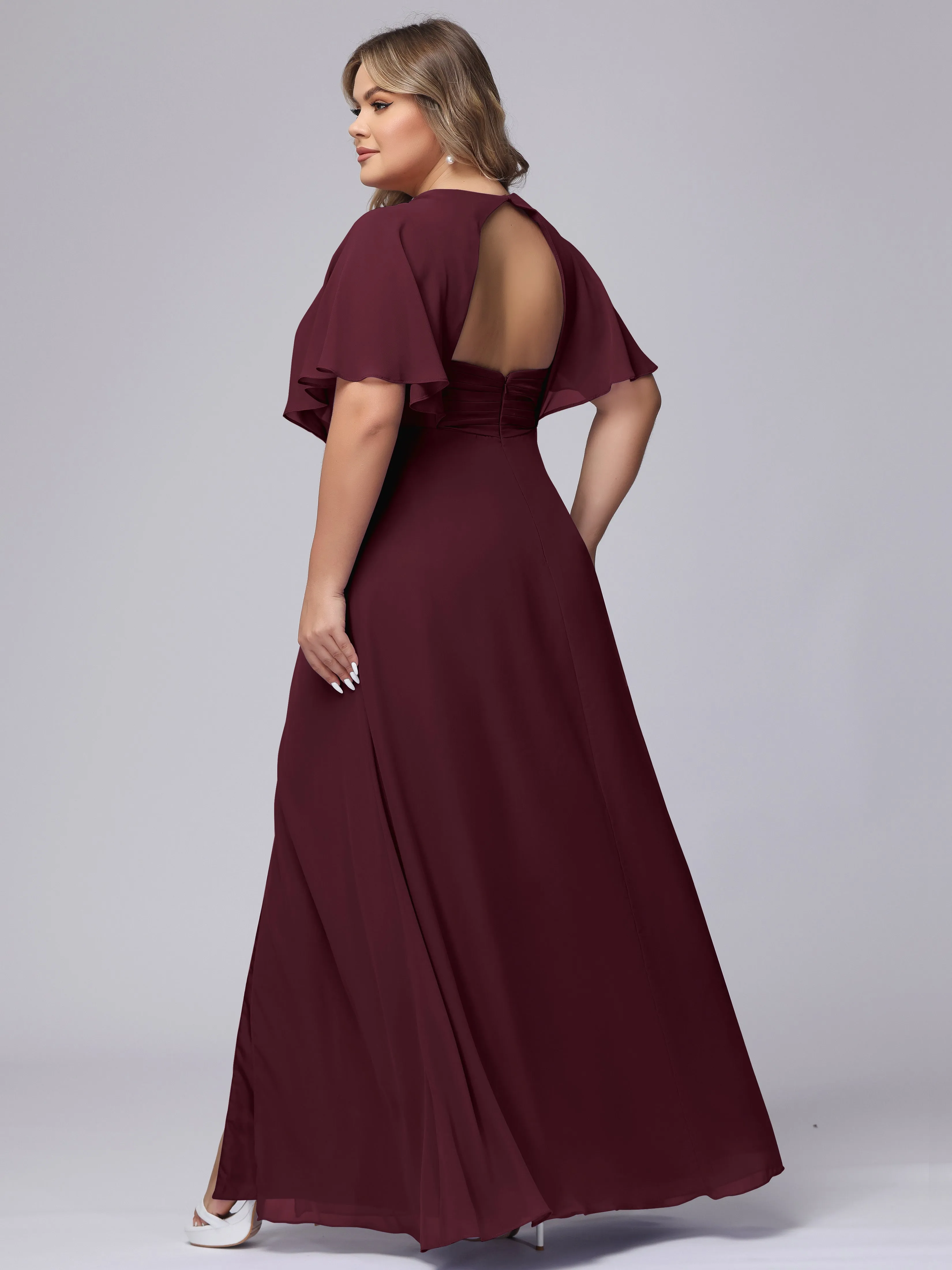 V-Neck Chiffon Short Sleeves Plus Size  Bridesmaid Dresses