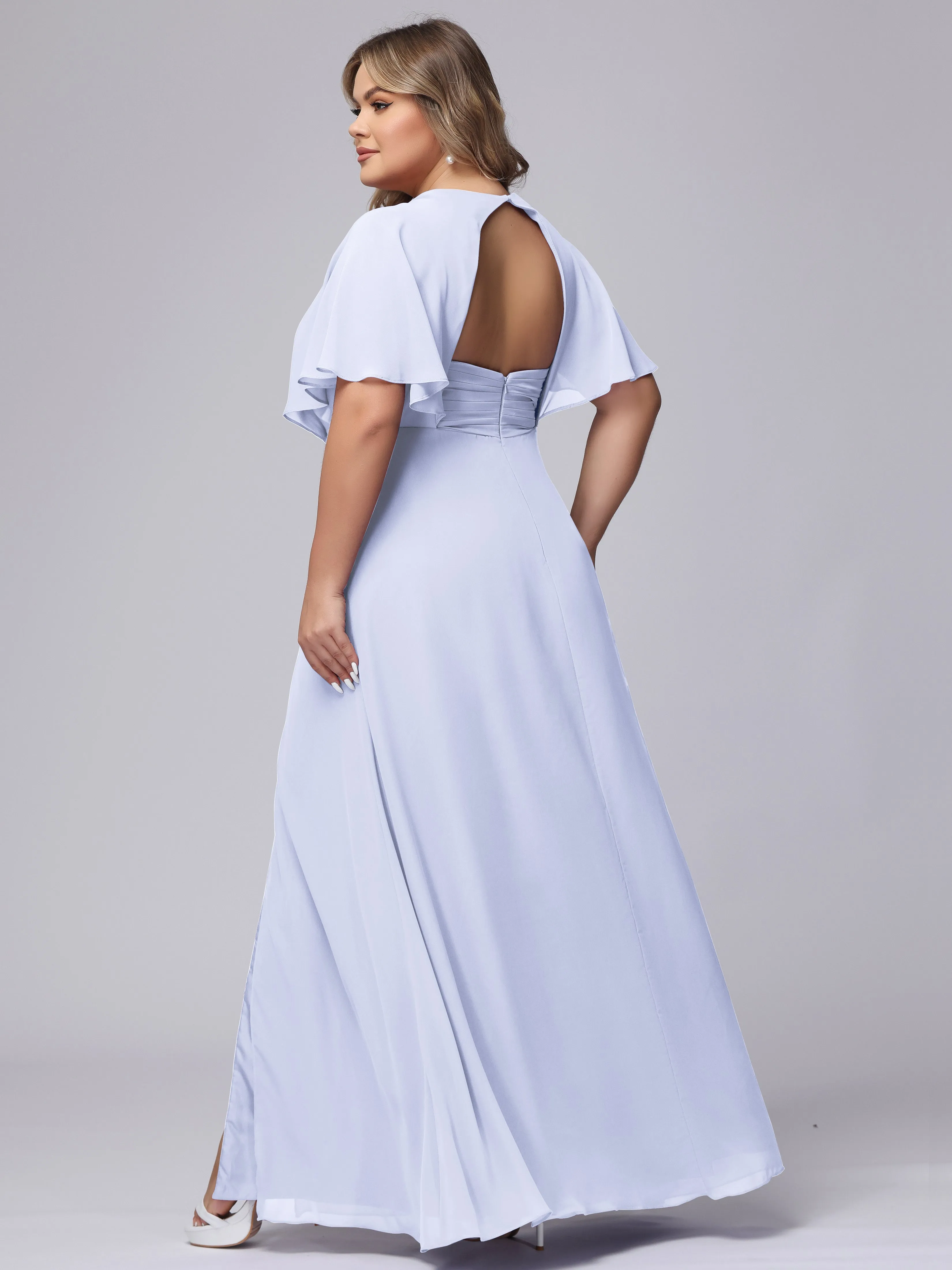 V-Neck Chiffon Short Sleeves Plus Size  Bridesmaid Dresses