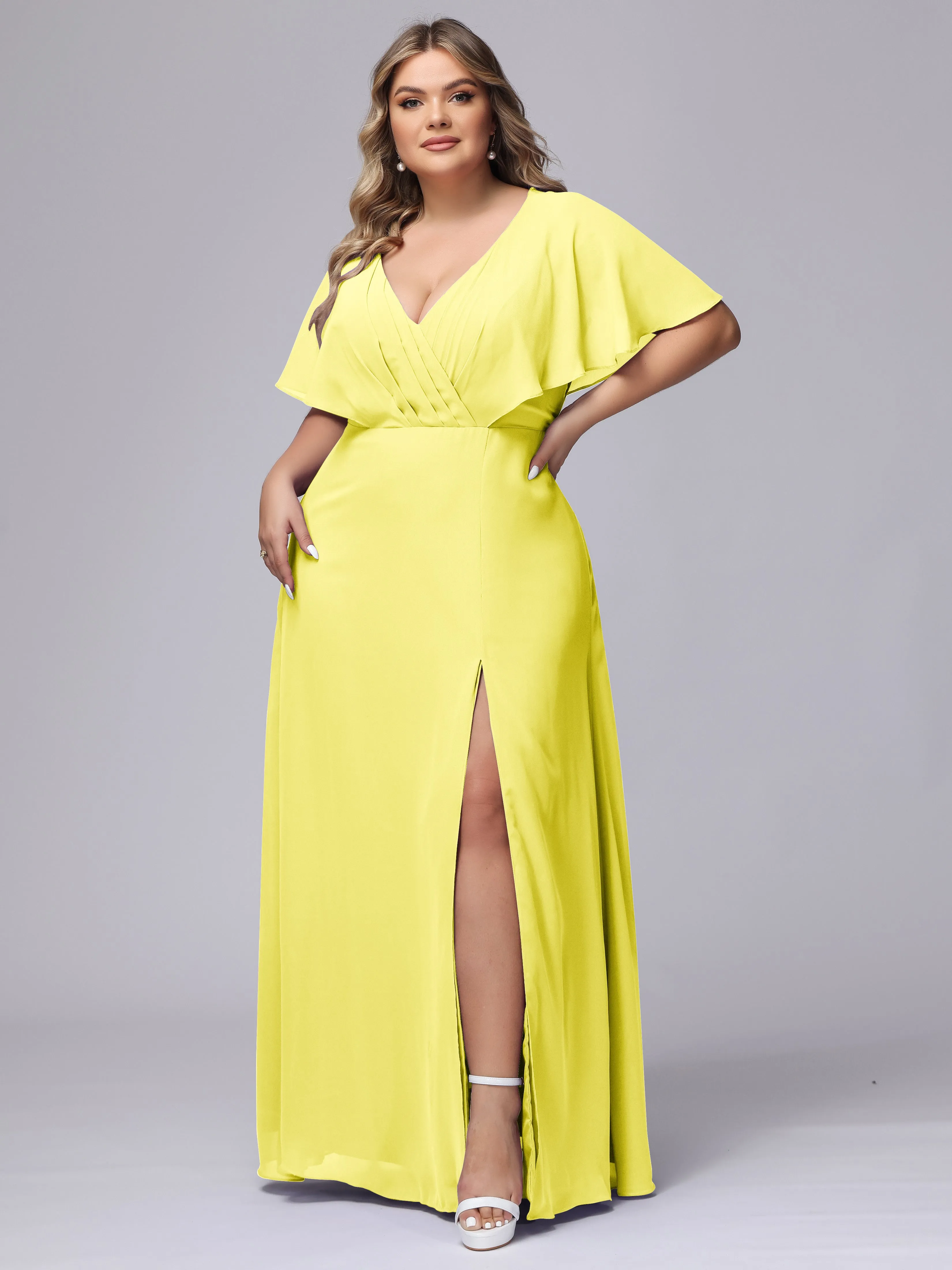 V-Neck Chiffon Short Sleeves Plus Size  Bridesmaid Dresses