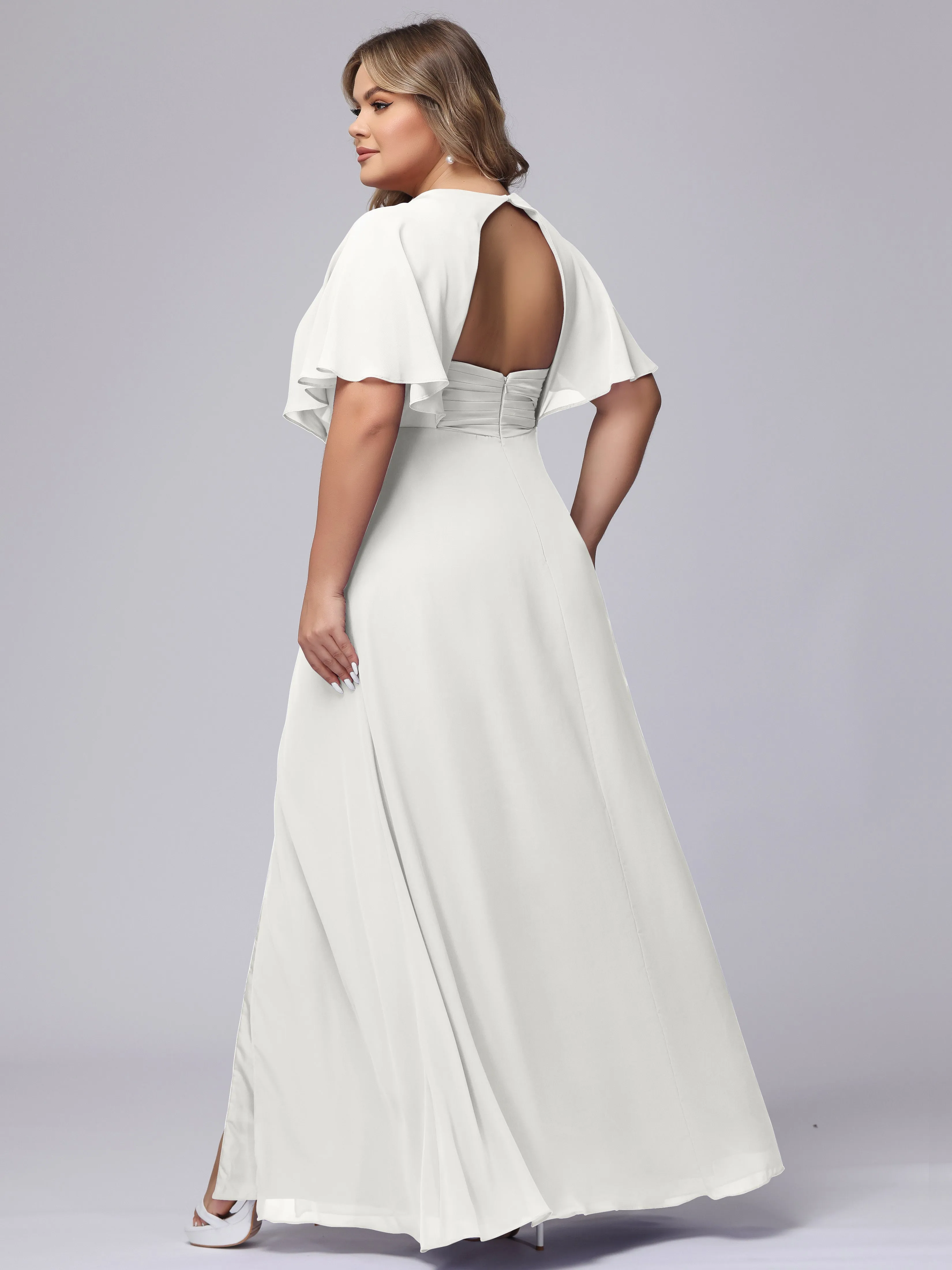 V-Neck Chiffon Short Sleeves Plus Size  Bridesmaid Dresses