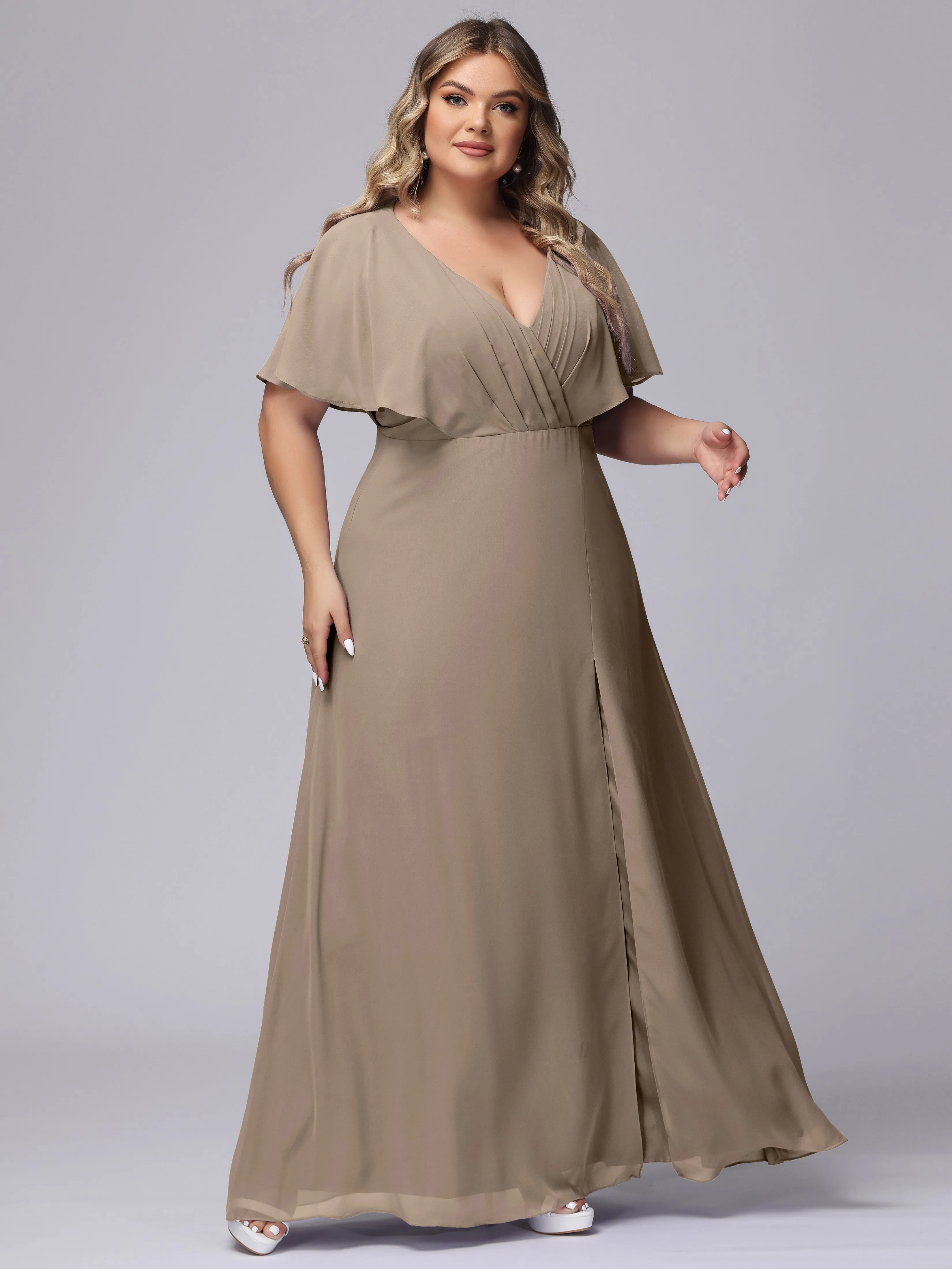 V-Neck Chiffon Short Sleeves Plus Size  Bridesmaid Dresses