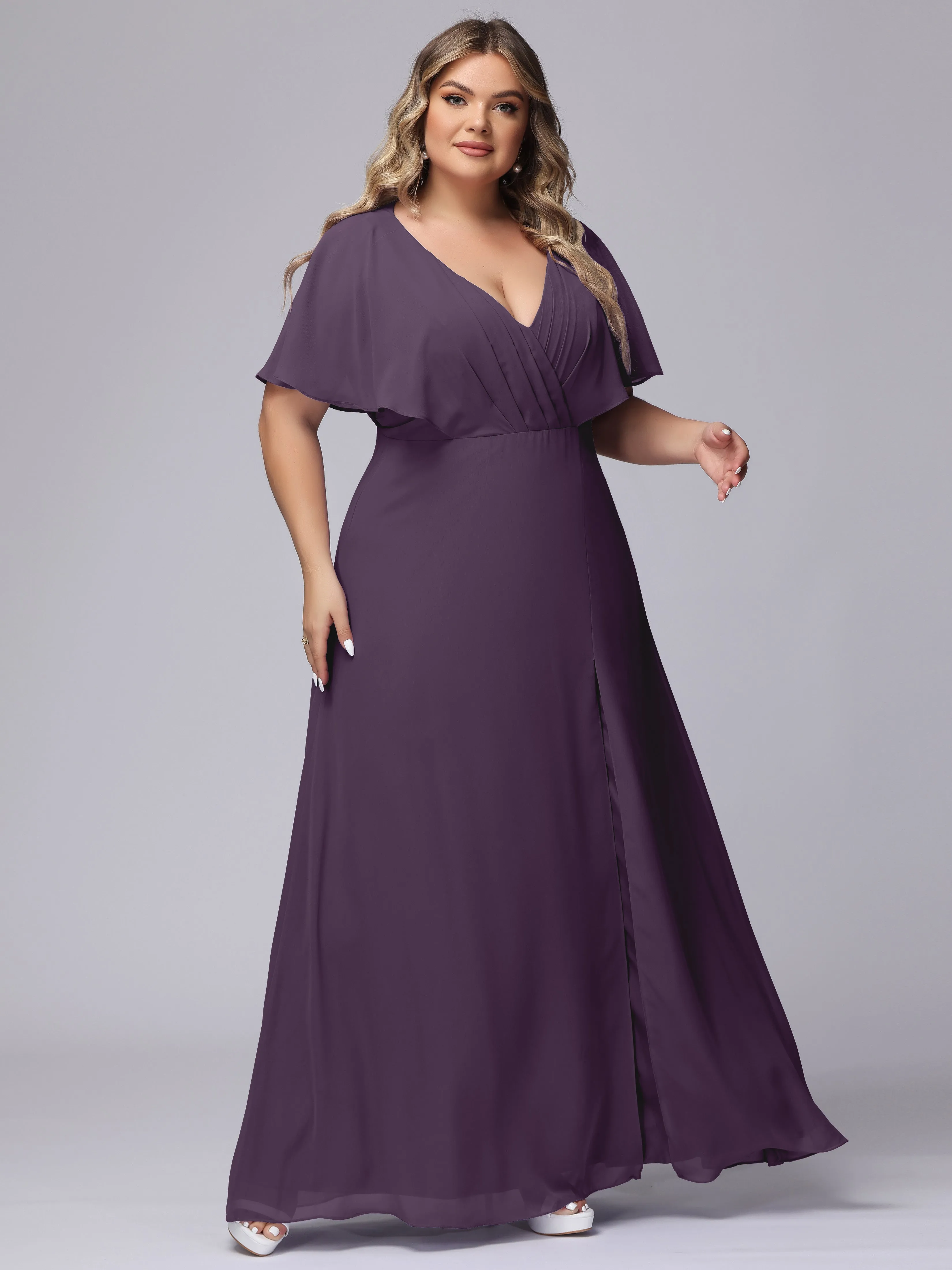 V-Neck Chiffon Short Sleeves Plus Size  Bridesmaid Dresses