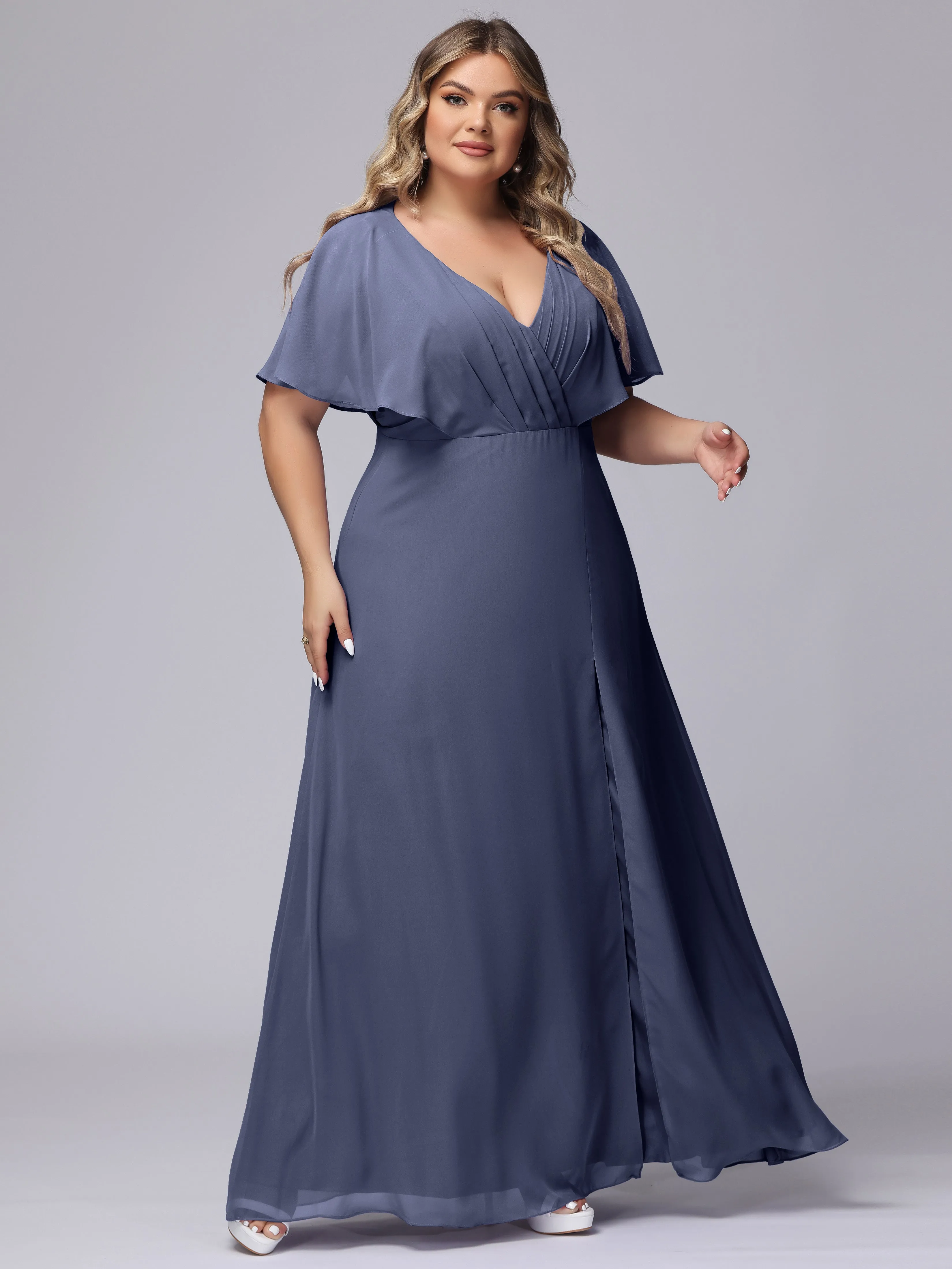 V-Neck Chiffon Short Sleeves Plus Size  Bridesmaid Dresses
