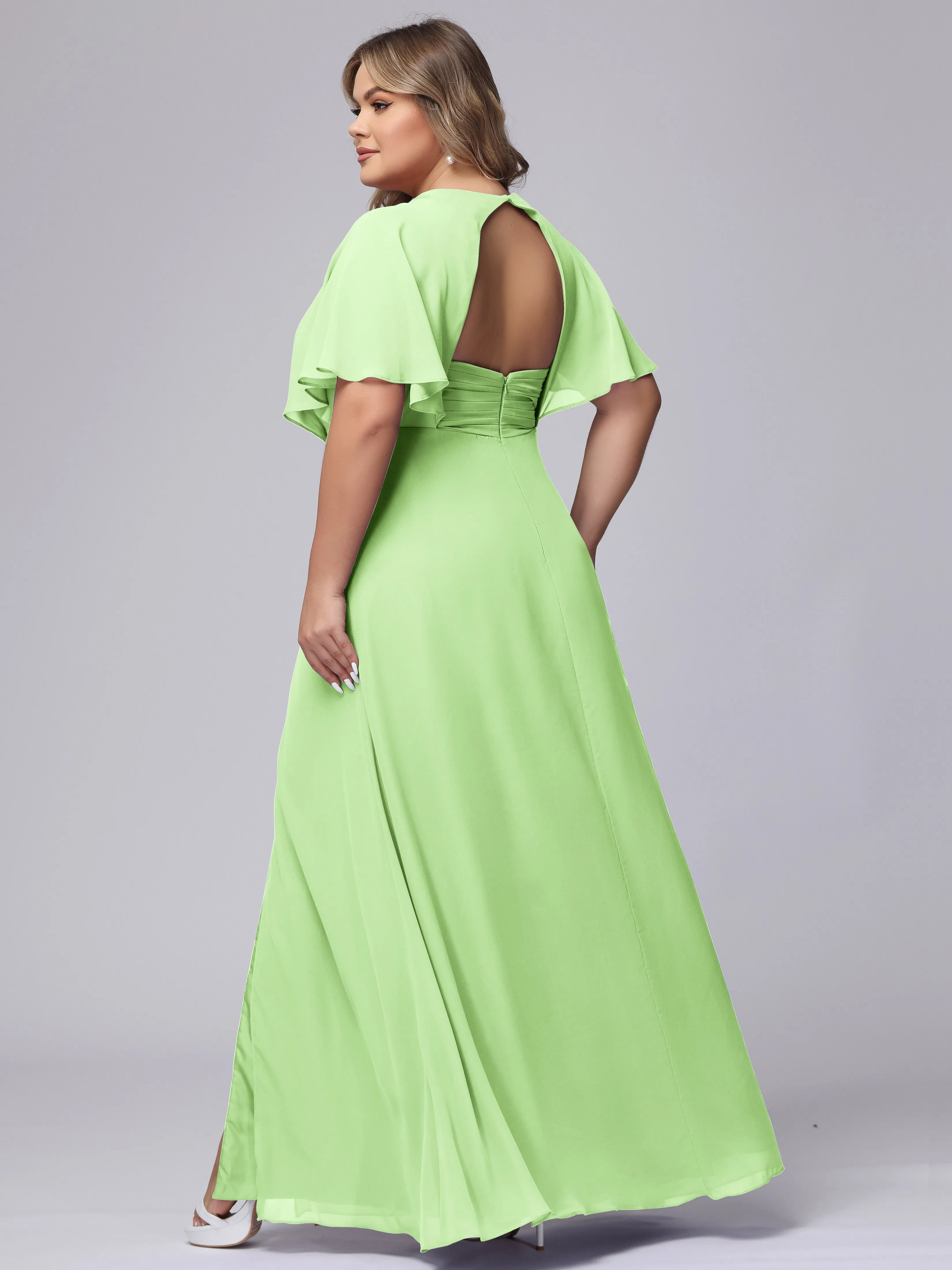 V-Neck Chiffon Short Sleeves Plus Size  Bridesmaid Dresses