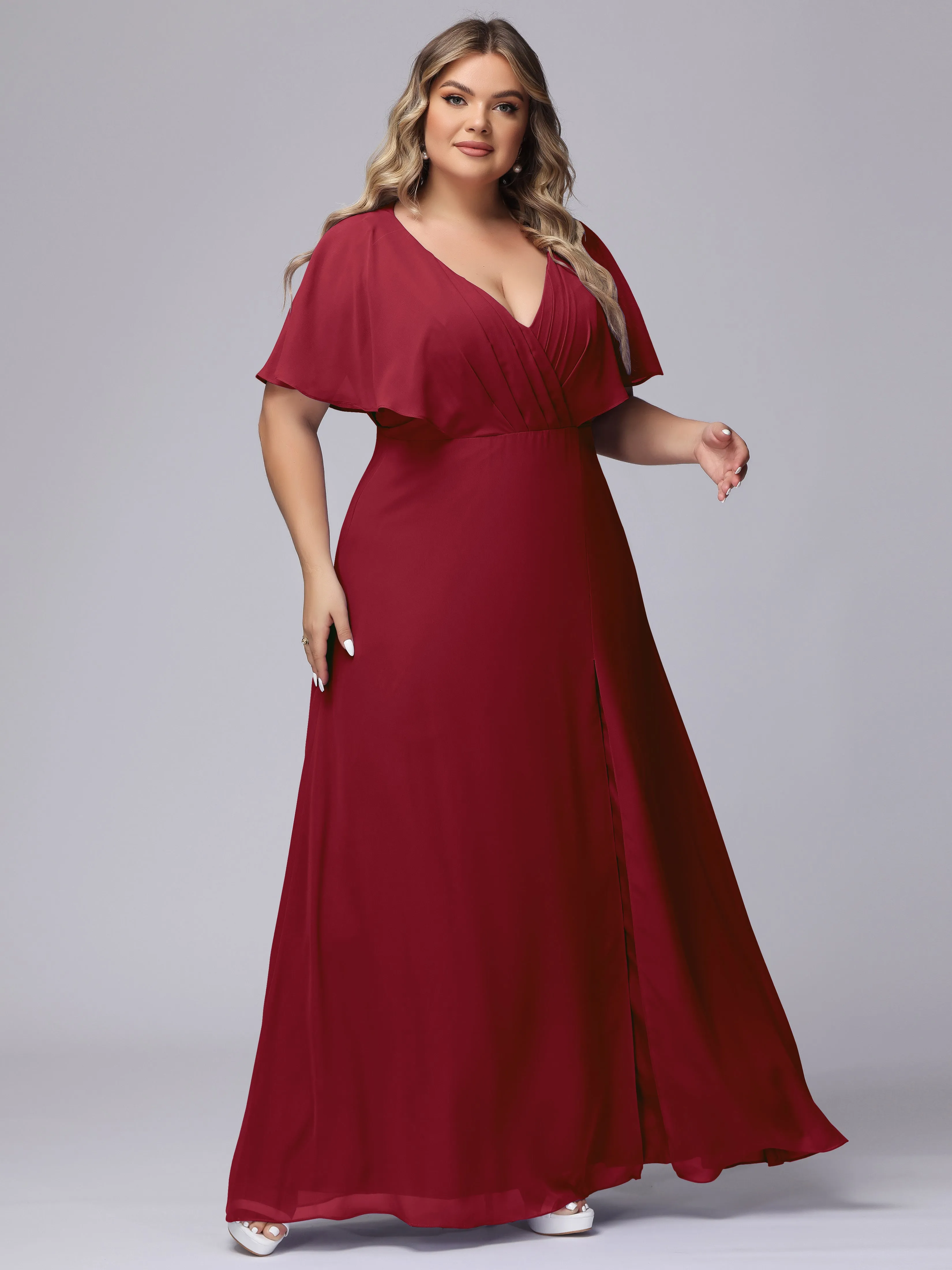 V-Neck Chiffon Short Sleeves Plus Size  Bridesmaid Dresses