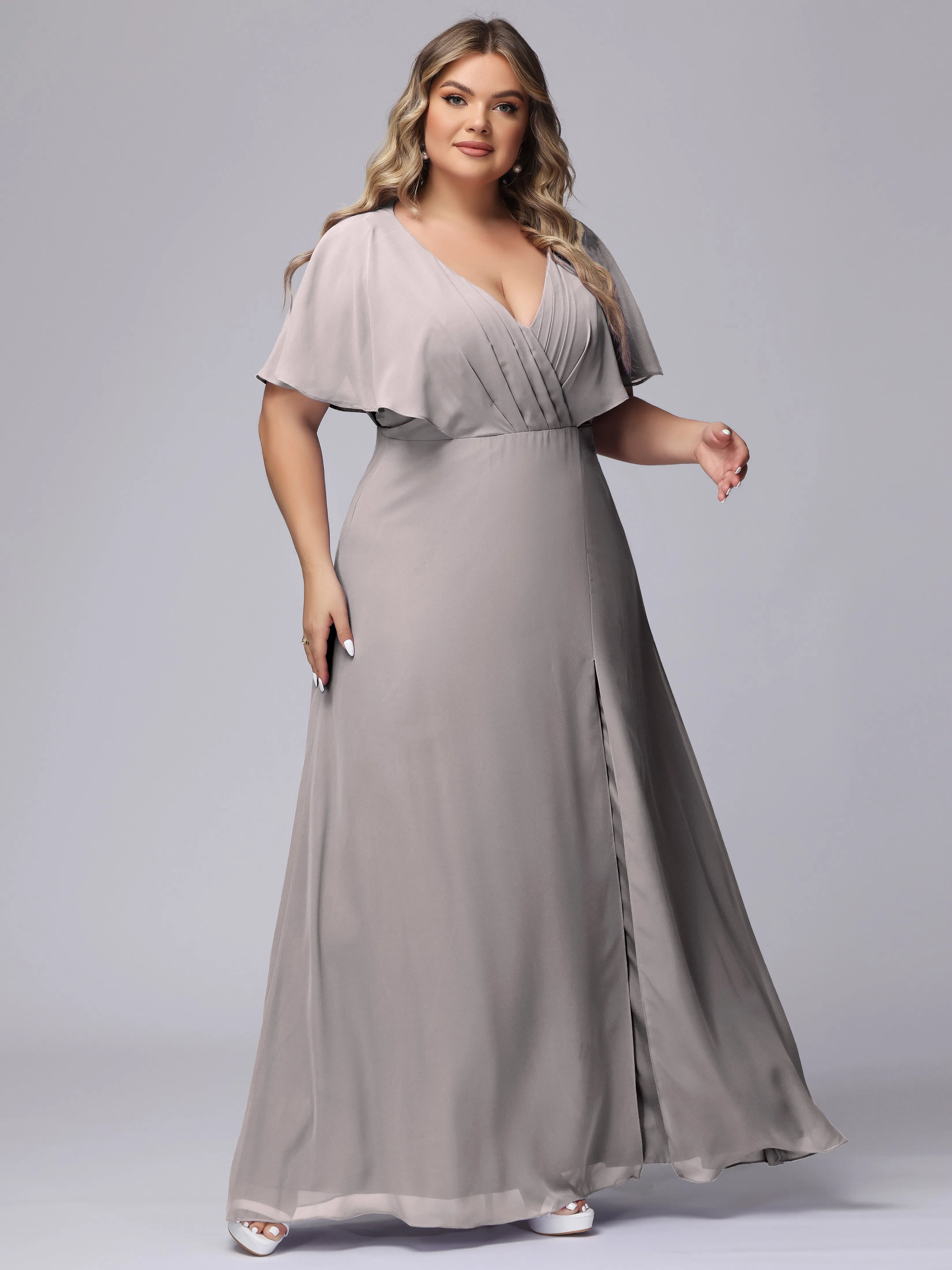 V-Neck Chiffon Short Sleeves Plus Size  Bridesmaid Dresses