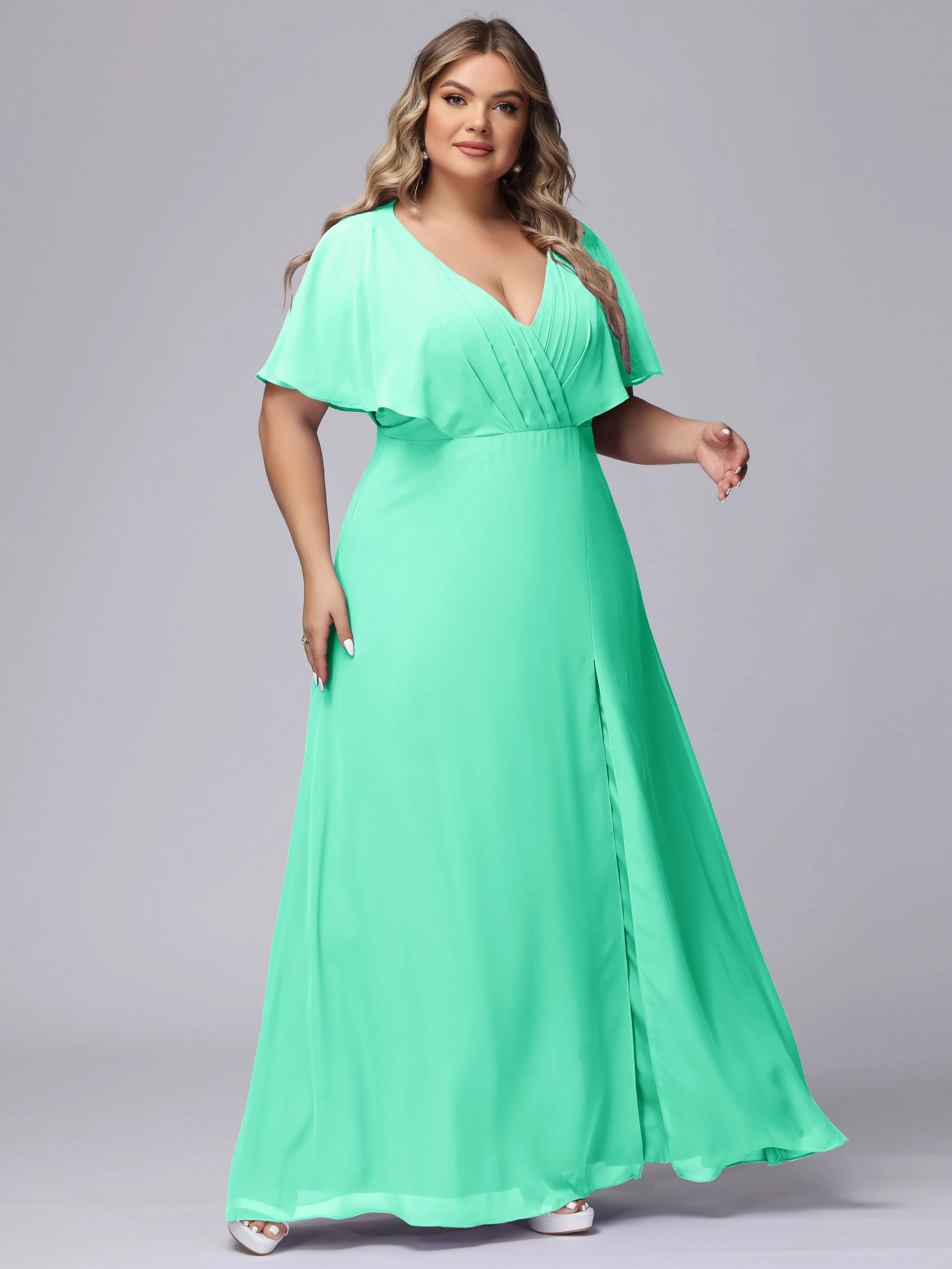 V-Neck Chiffon Short Sleeves Plus Size  Bridesmaid Dresses