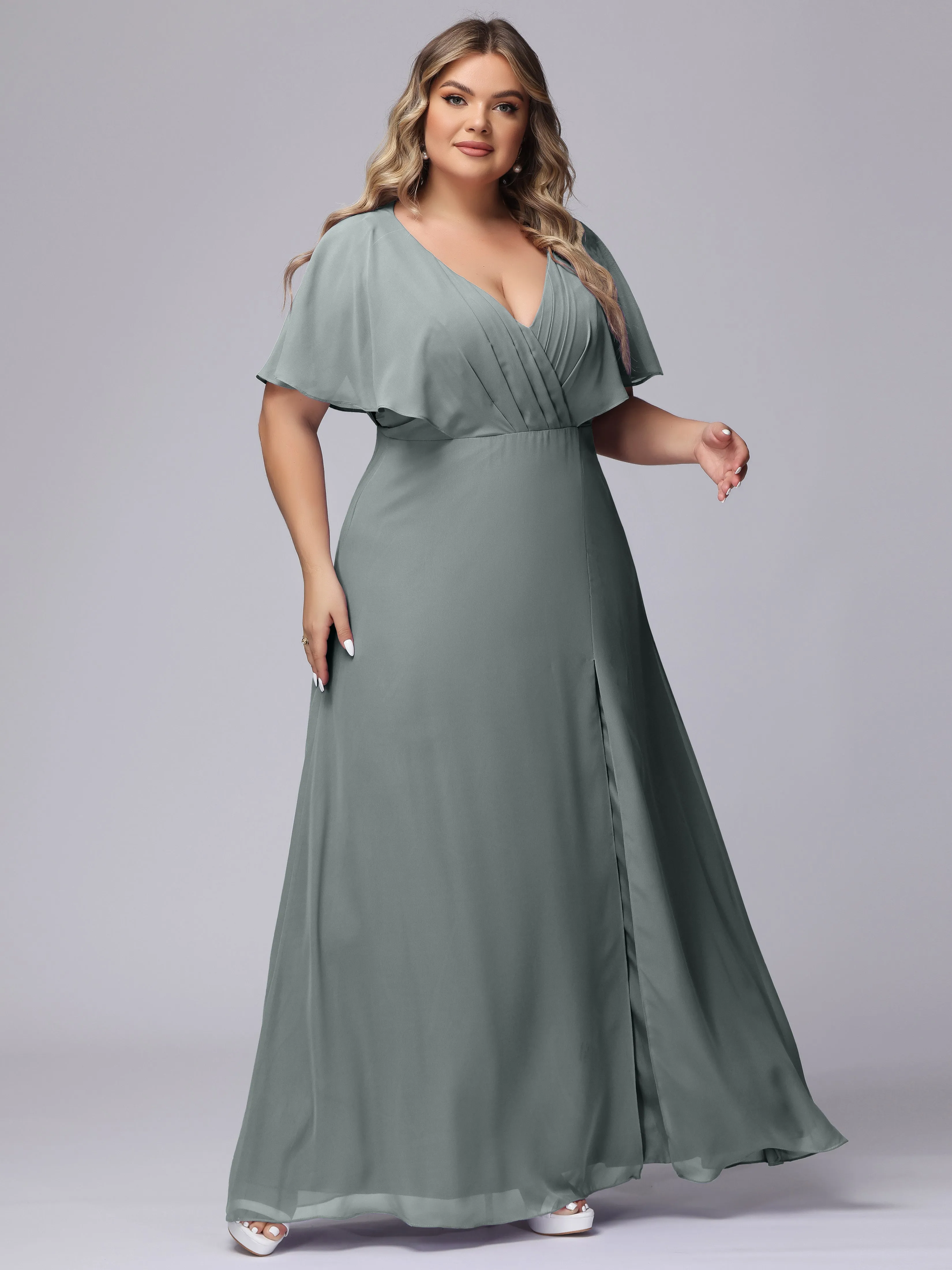 V-Neck Chiffon Short Sleeves Plus Size  Bridesmaid Dresses