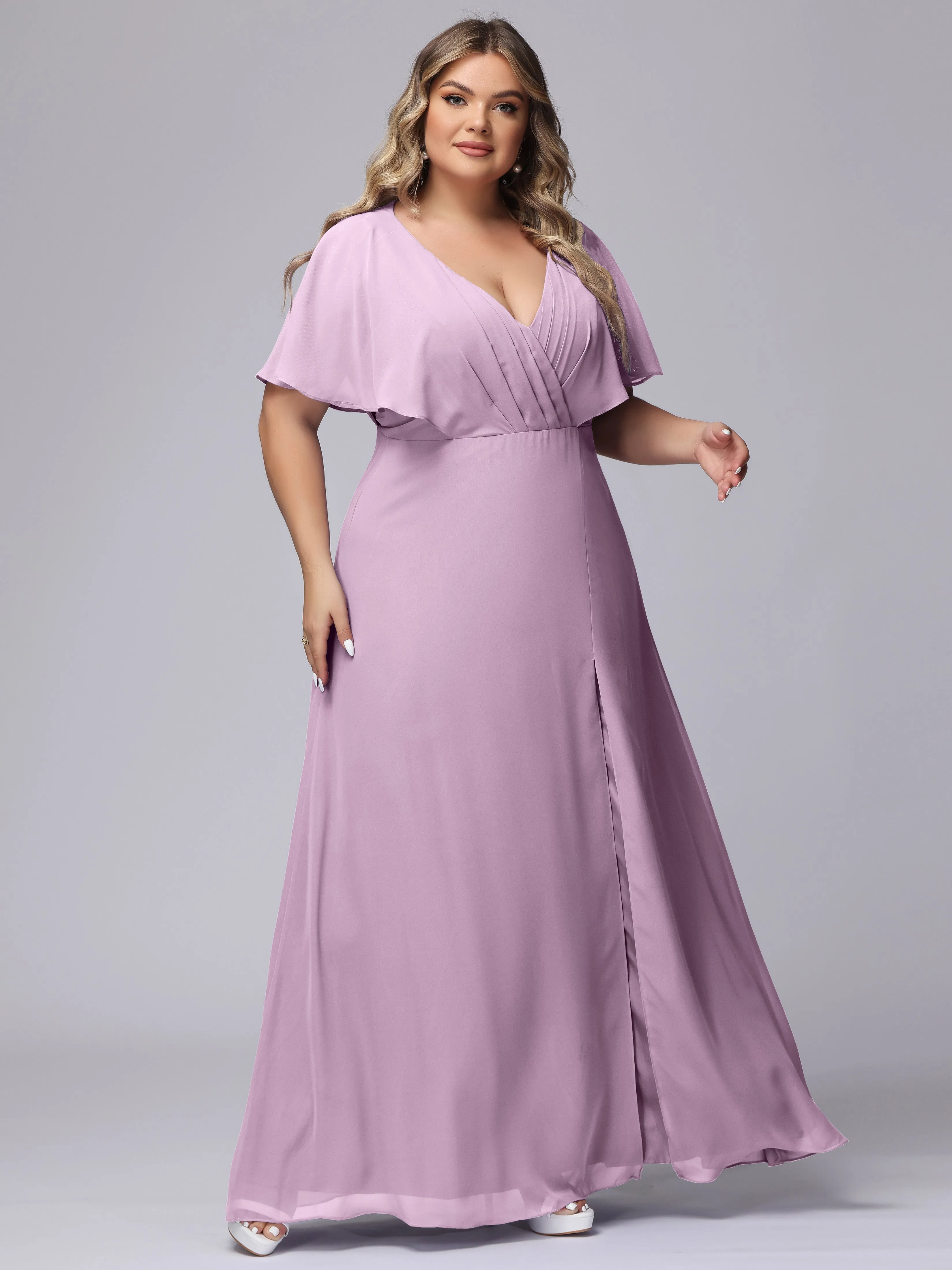 V-Neck Chiffon Short Sleeves Plus Size  Bridesmaid Dresses
