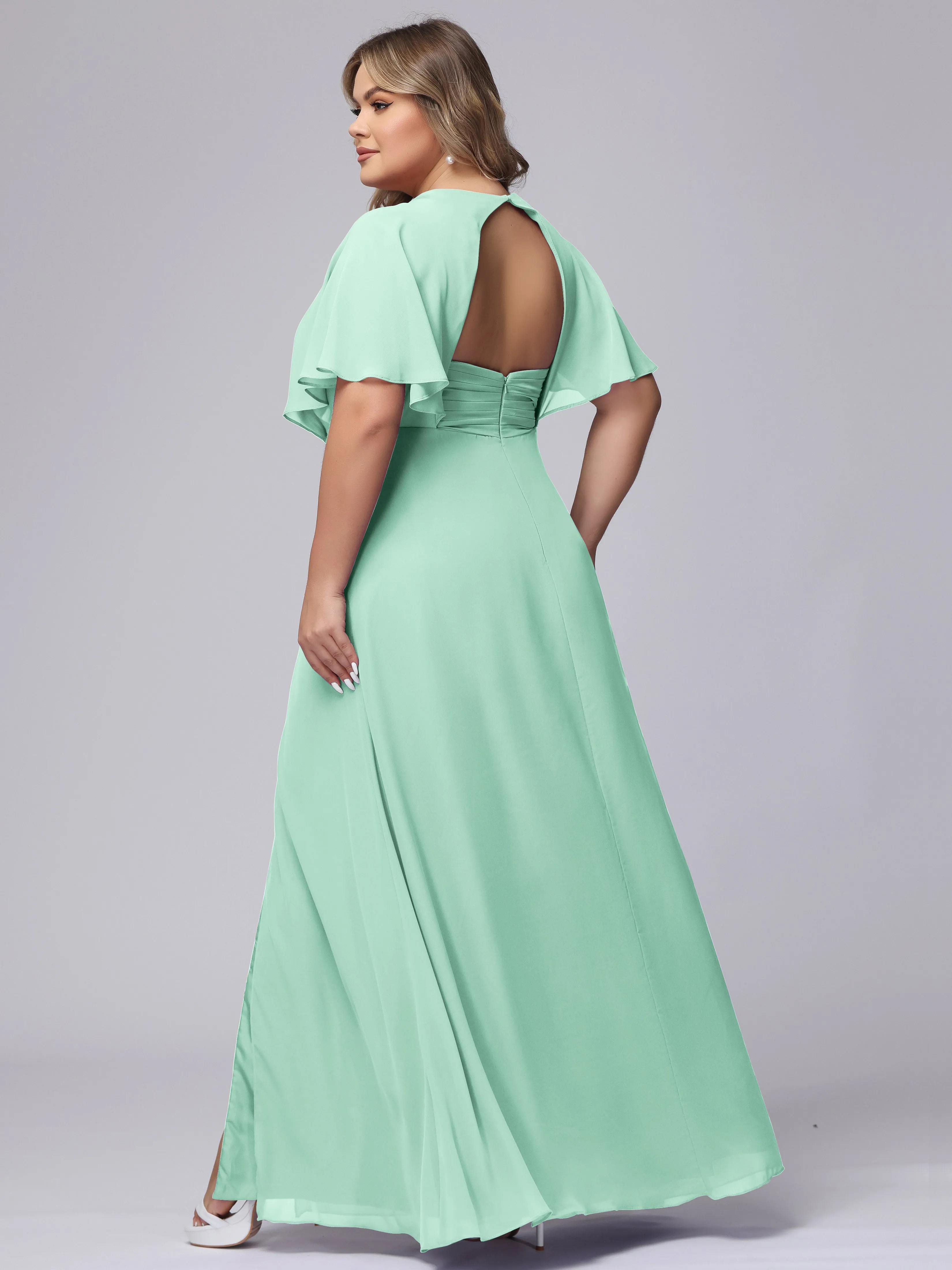 V-Neck Chiffon Short Sleeves Plus Size  Bridesmaid Dresses