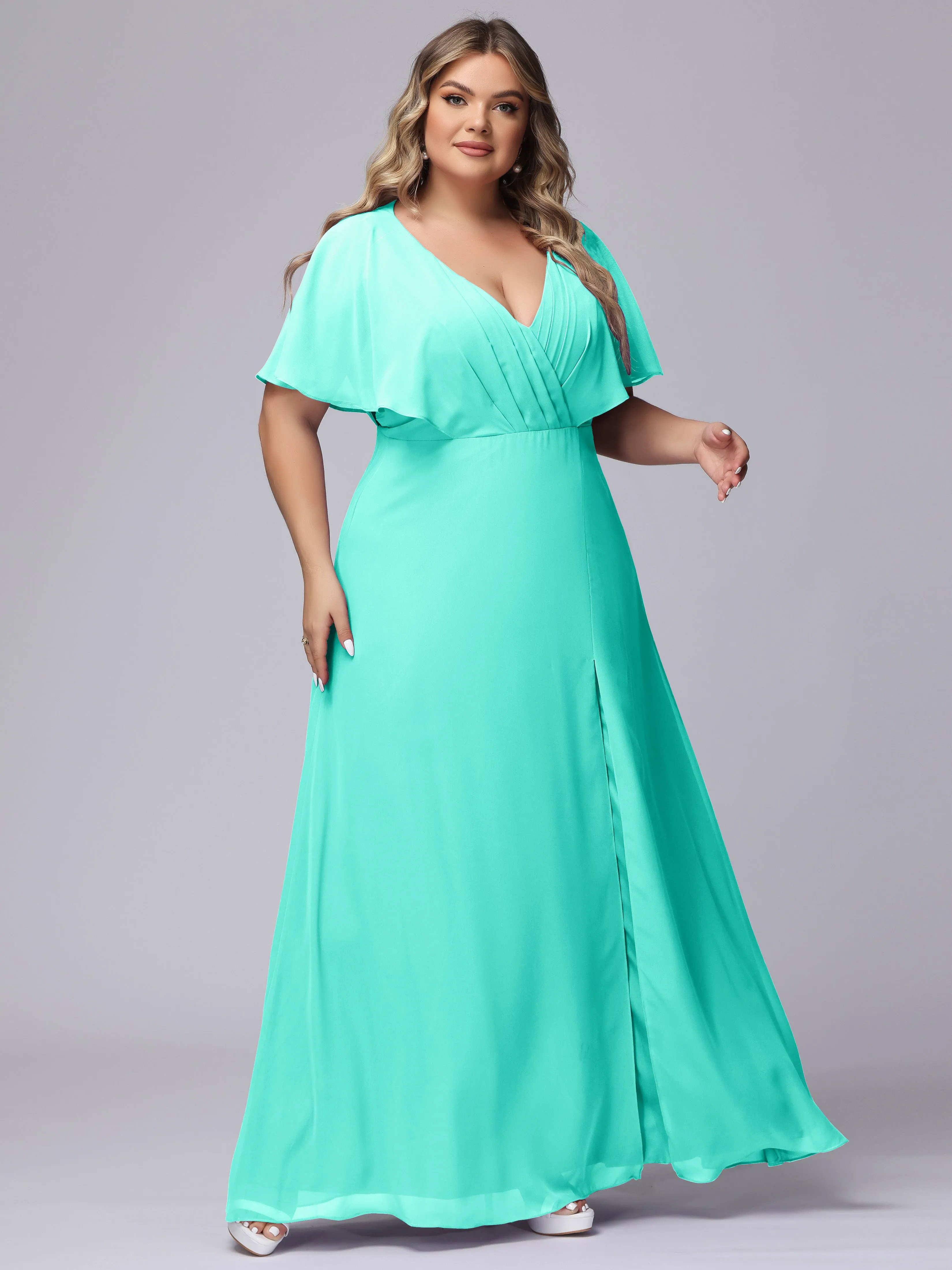 V-Neck Chiffon Short Sleeves Plus Size  Bridesmaid Dresses