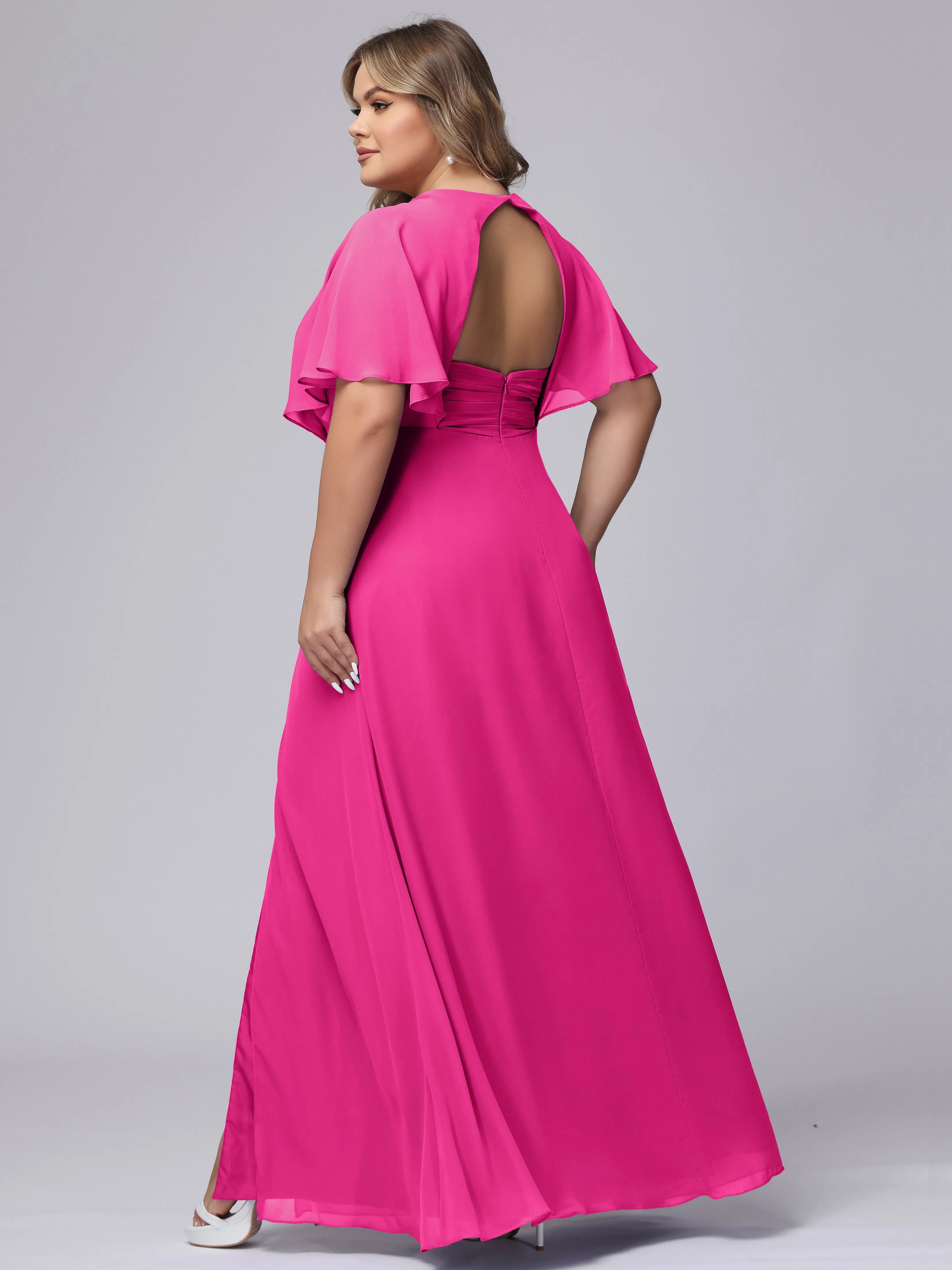 V-Neck Chiffon Short Sleeves Plus Size  Bridesmaid Dresses