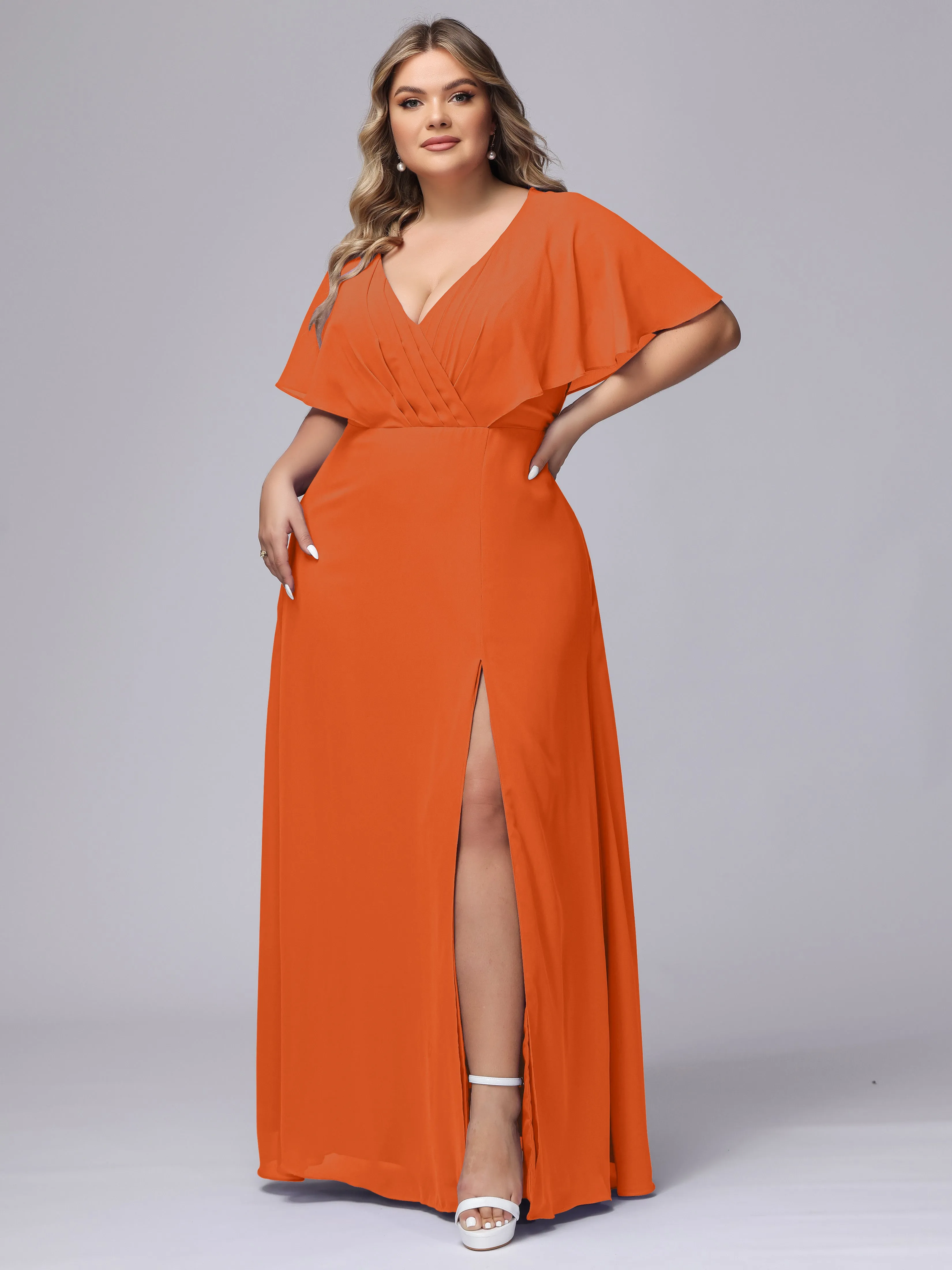 V-Neck Chiffon Short Sleeves Plus Size  Bridesmaid Dresses