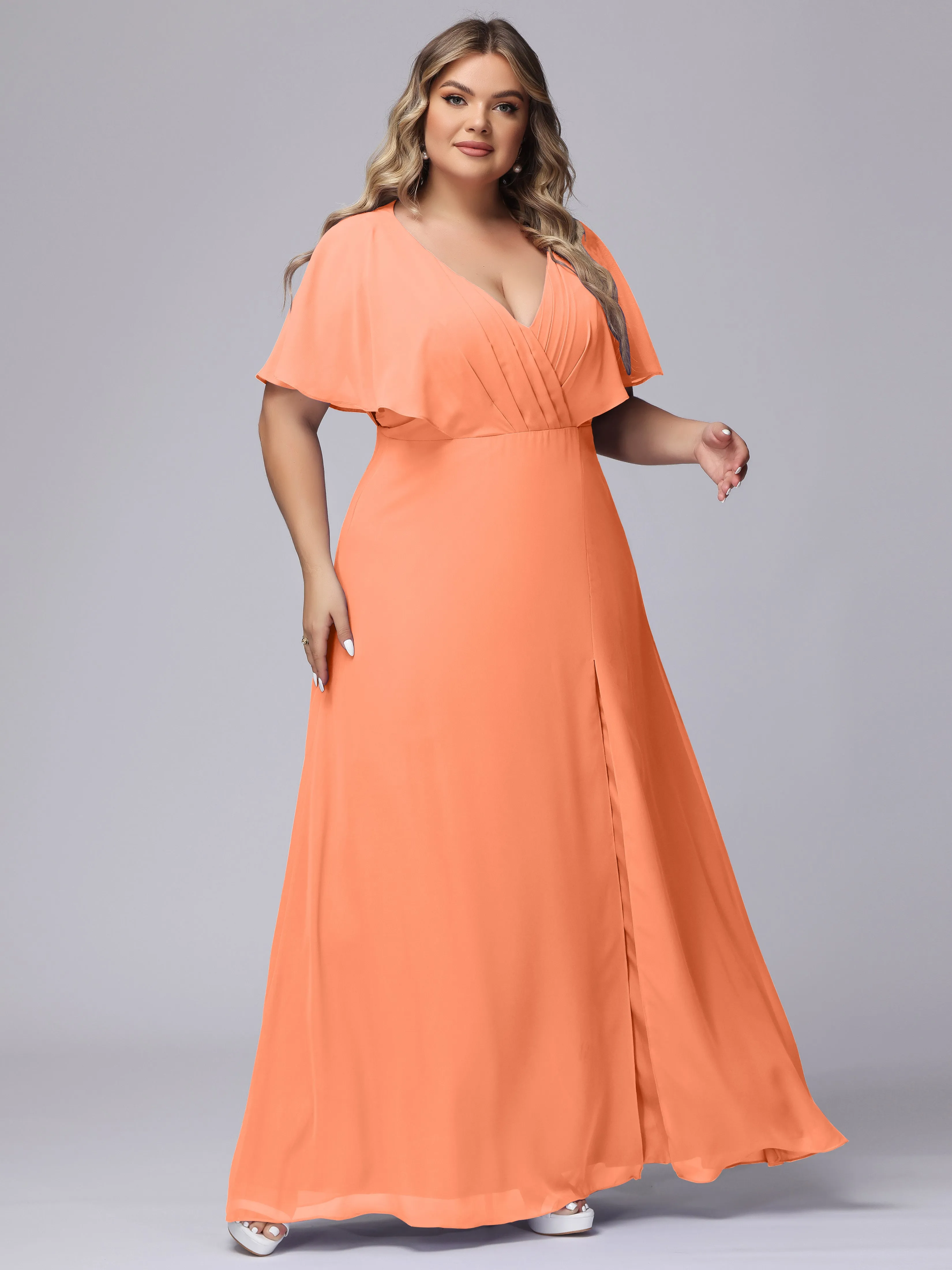 V-Neck Chiffon Short Sleeves Plus Size  Bridesmaid Dresses
