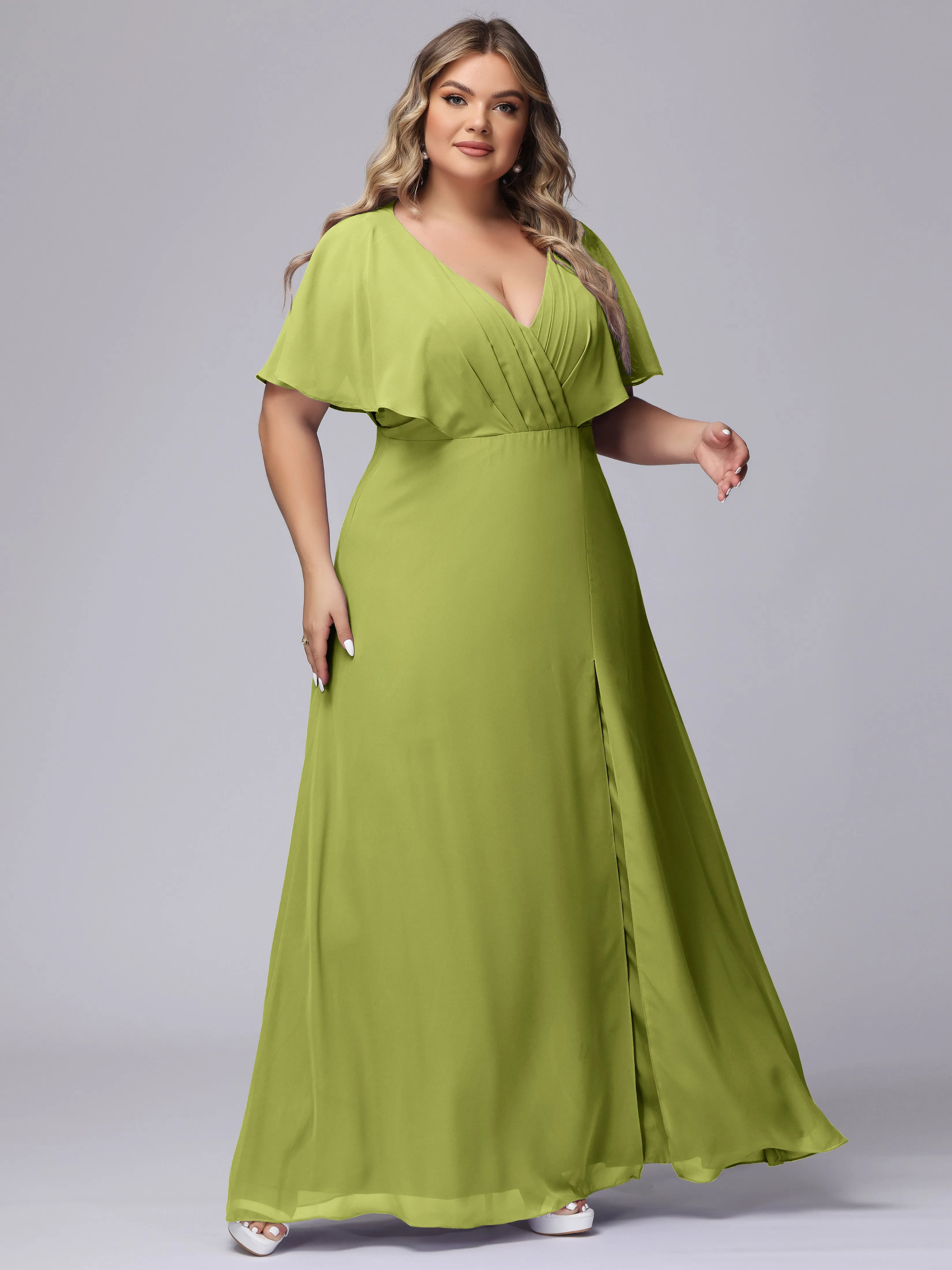 V-Neck Chiffon Short Sleeves Plus Size  Bridesmaid Dresses