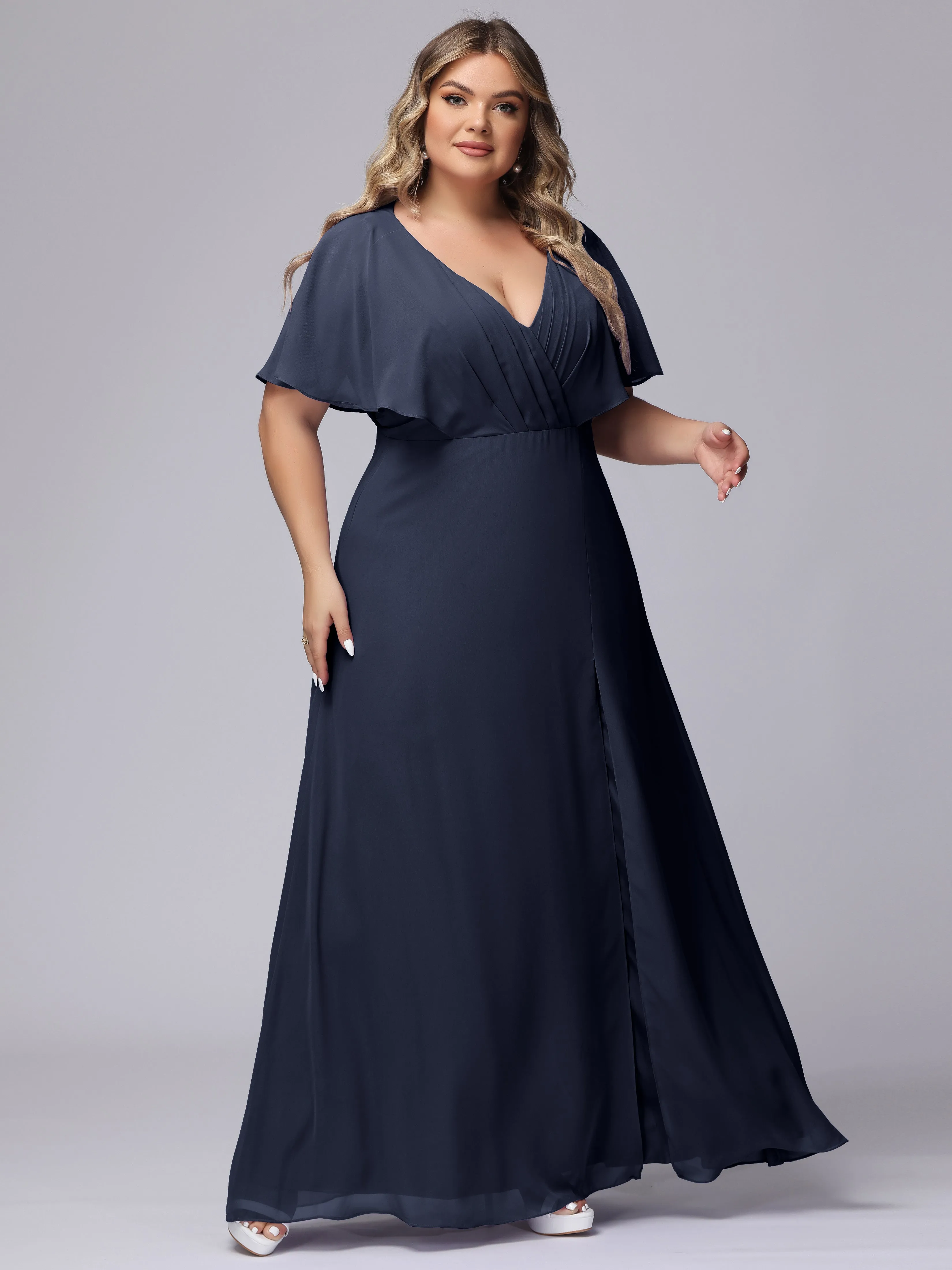 V-Neck Chiffon Short Sleeves Plus Size  Bridesmaid Dresses