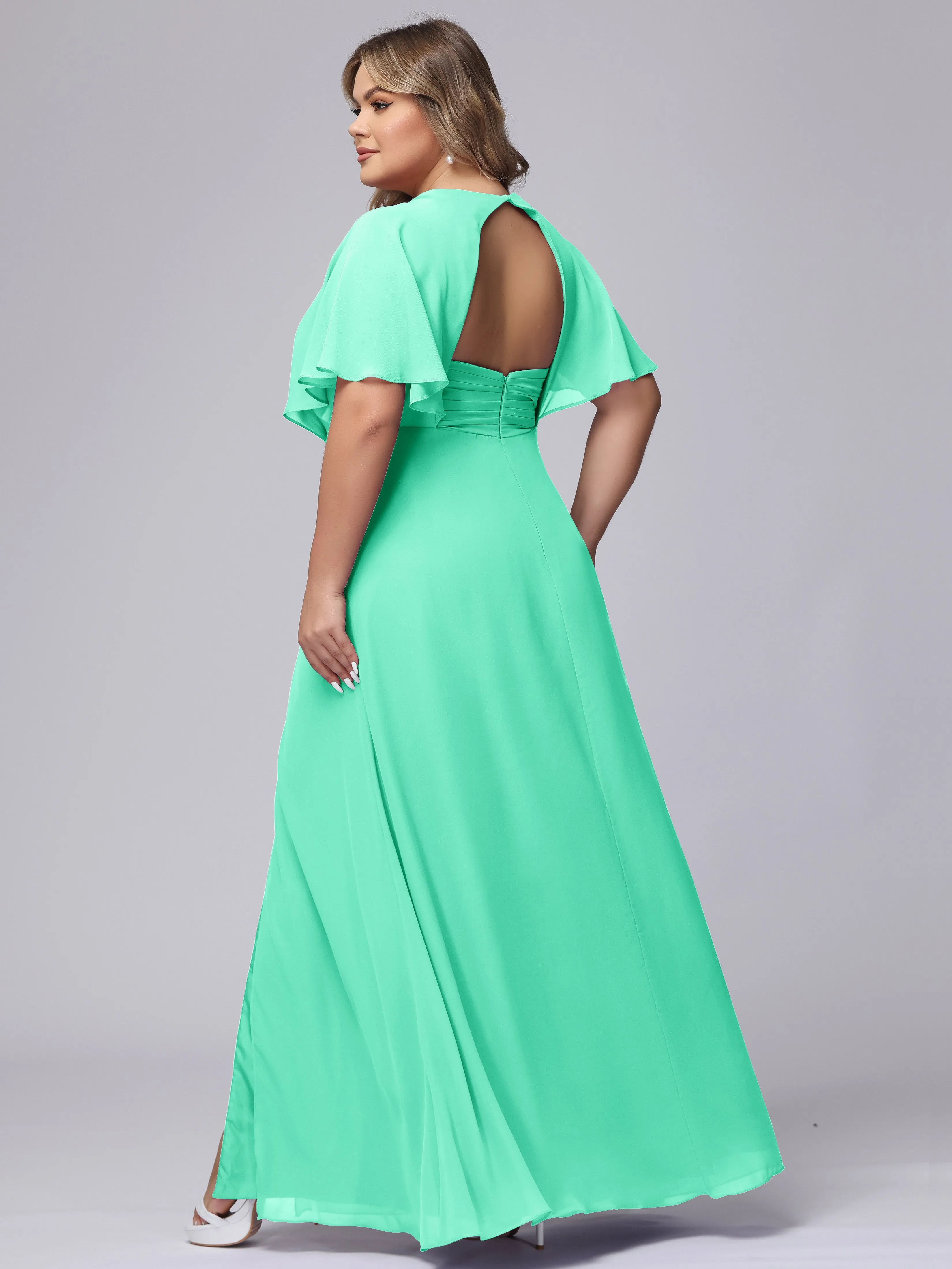 V-Neck Chiffon Short Sleeves Plus Size  Bridesmaid Dresses
