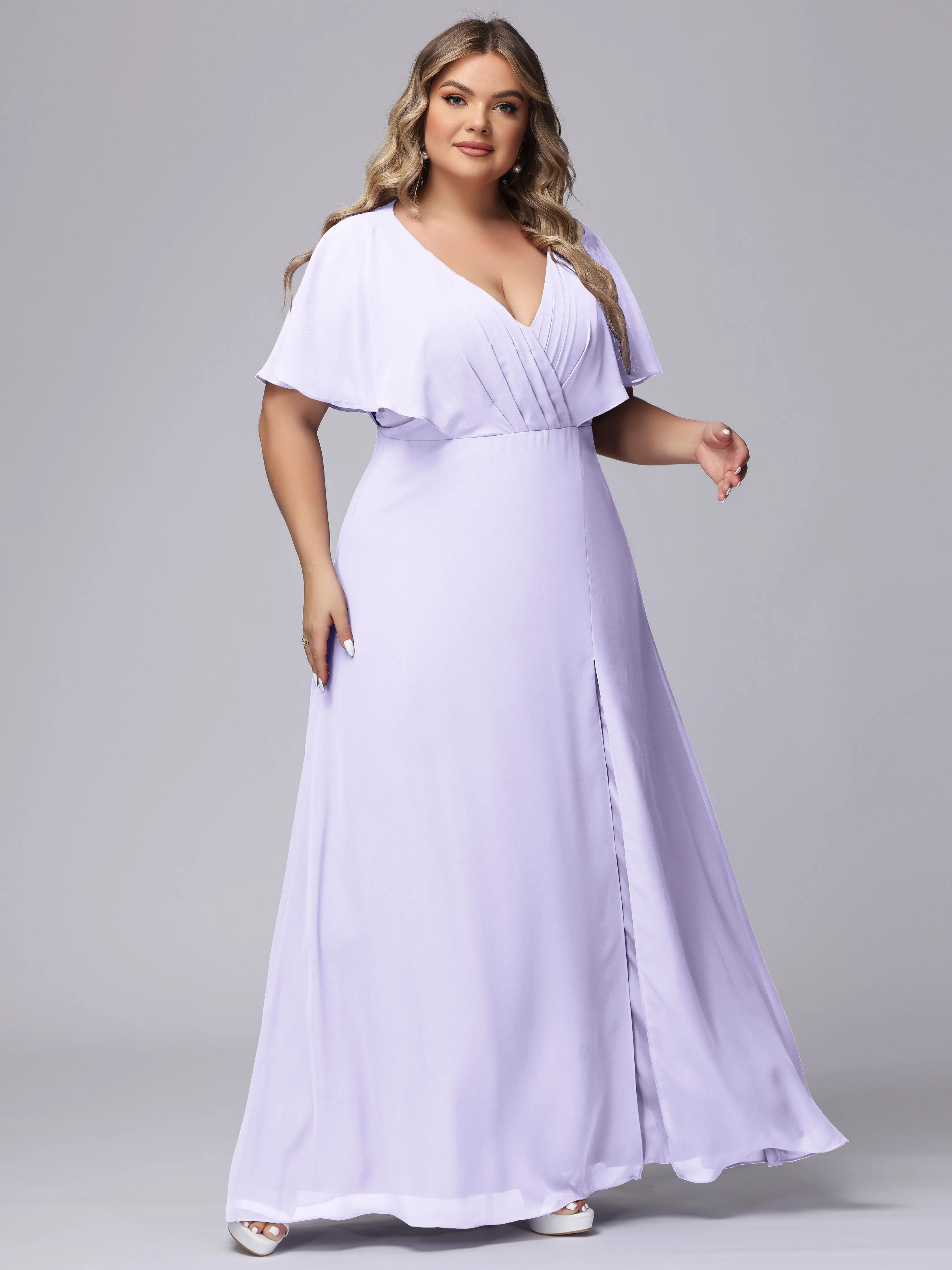 V-Neck Chiffon Short Sleeves Plus Size  Bridesmaid Dresses