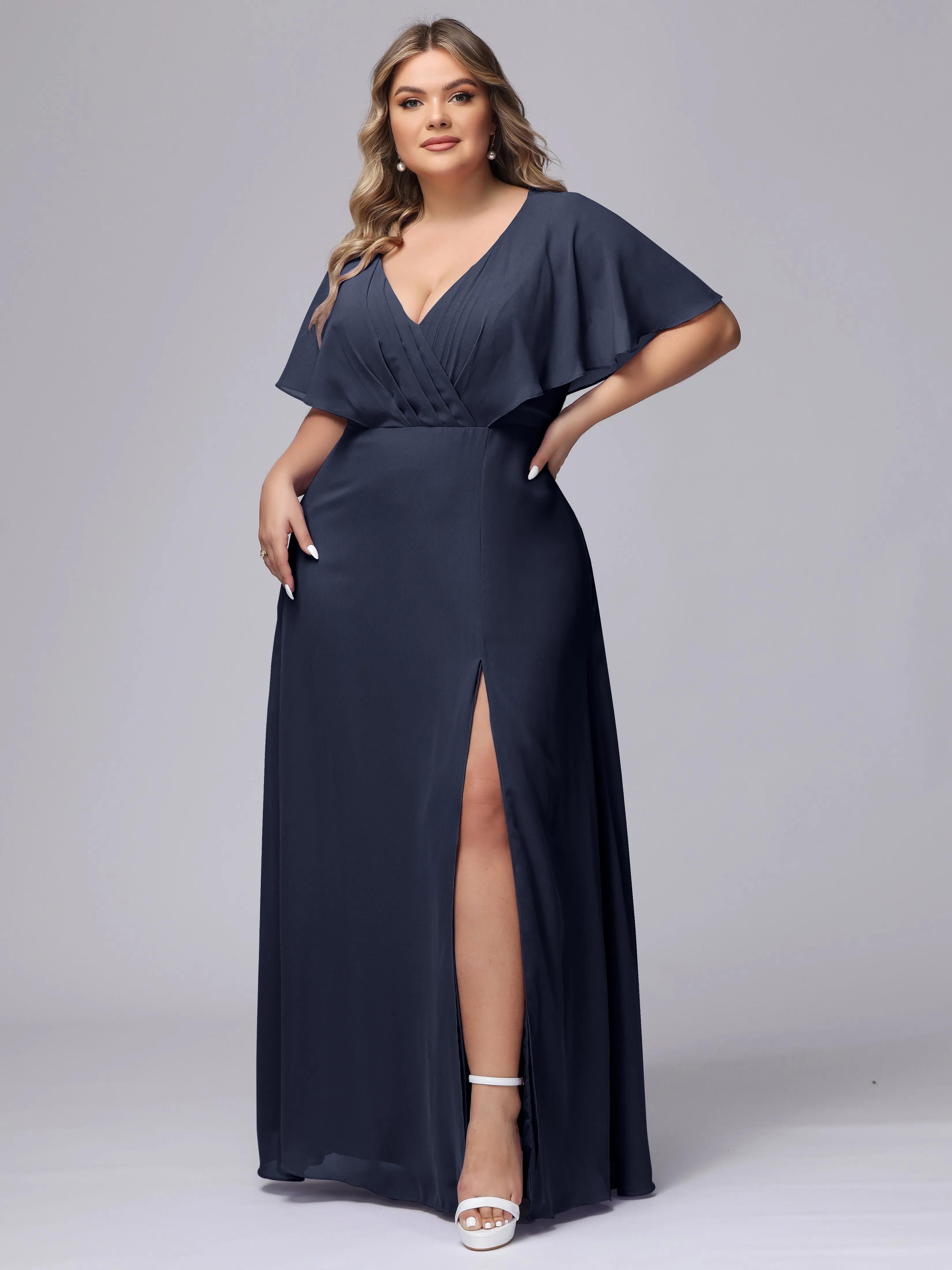 V-Neck Chiffon Short Sleeves Plus Size  Bridesmaid Dresses