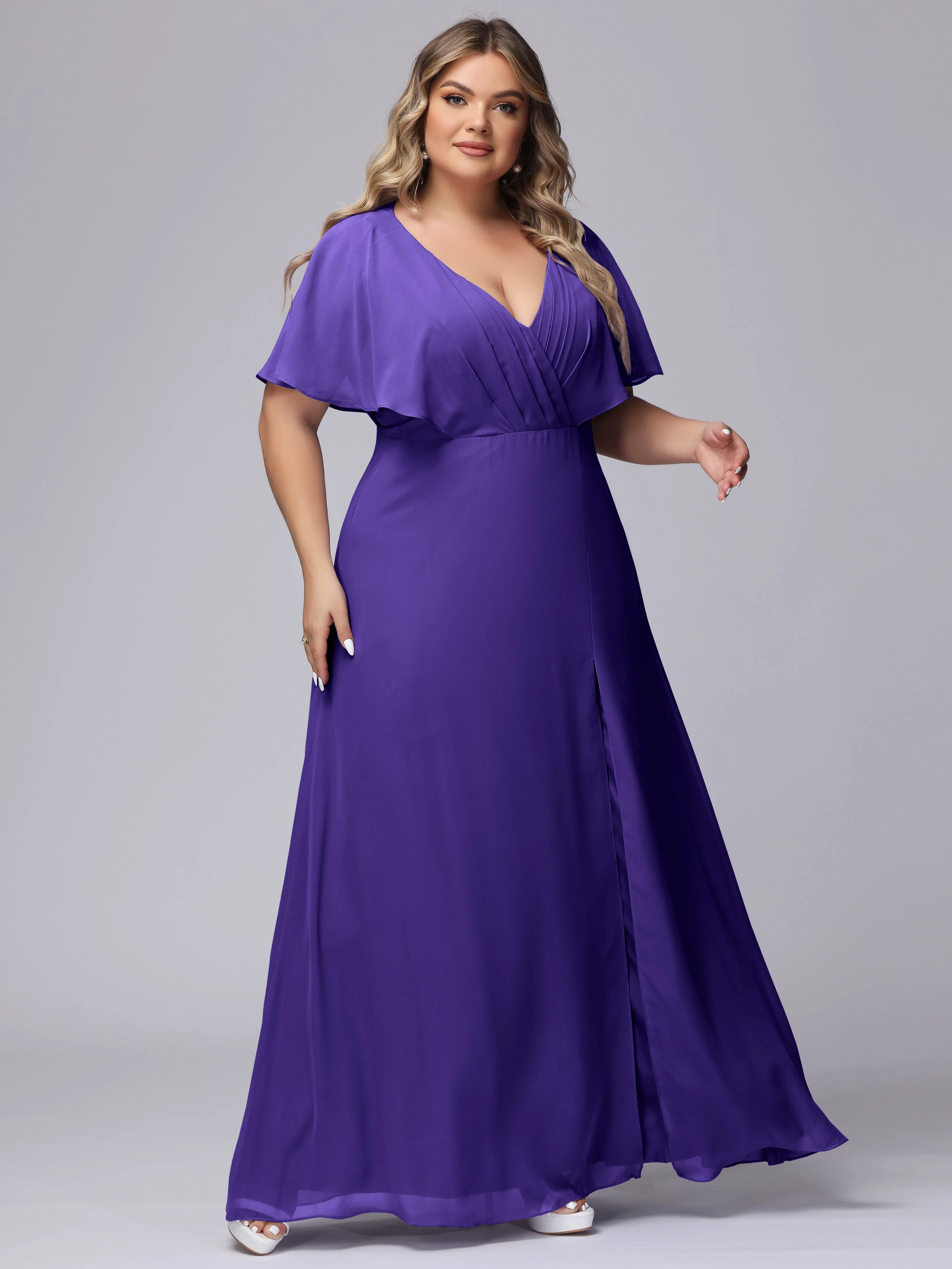 V-Neck Chiffon Short Sleeves Plus Size  Bridesmaid Dresses